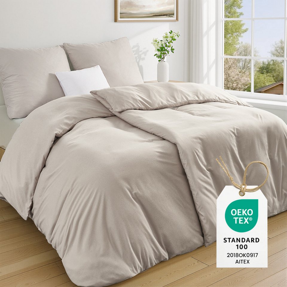 Topfinel Bettwäsche 135 x 200 4 teilig Leicht flanell mit reißverschluss wärmend bügelfrei, 90g/m² Flanell und Mikrofaser, 2 teilig, bettwäsche 140 x 200 sale einfarbig frühling sommer herbst winter