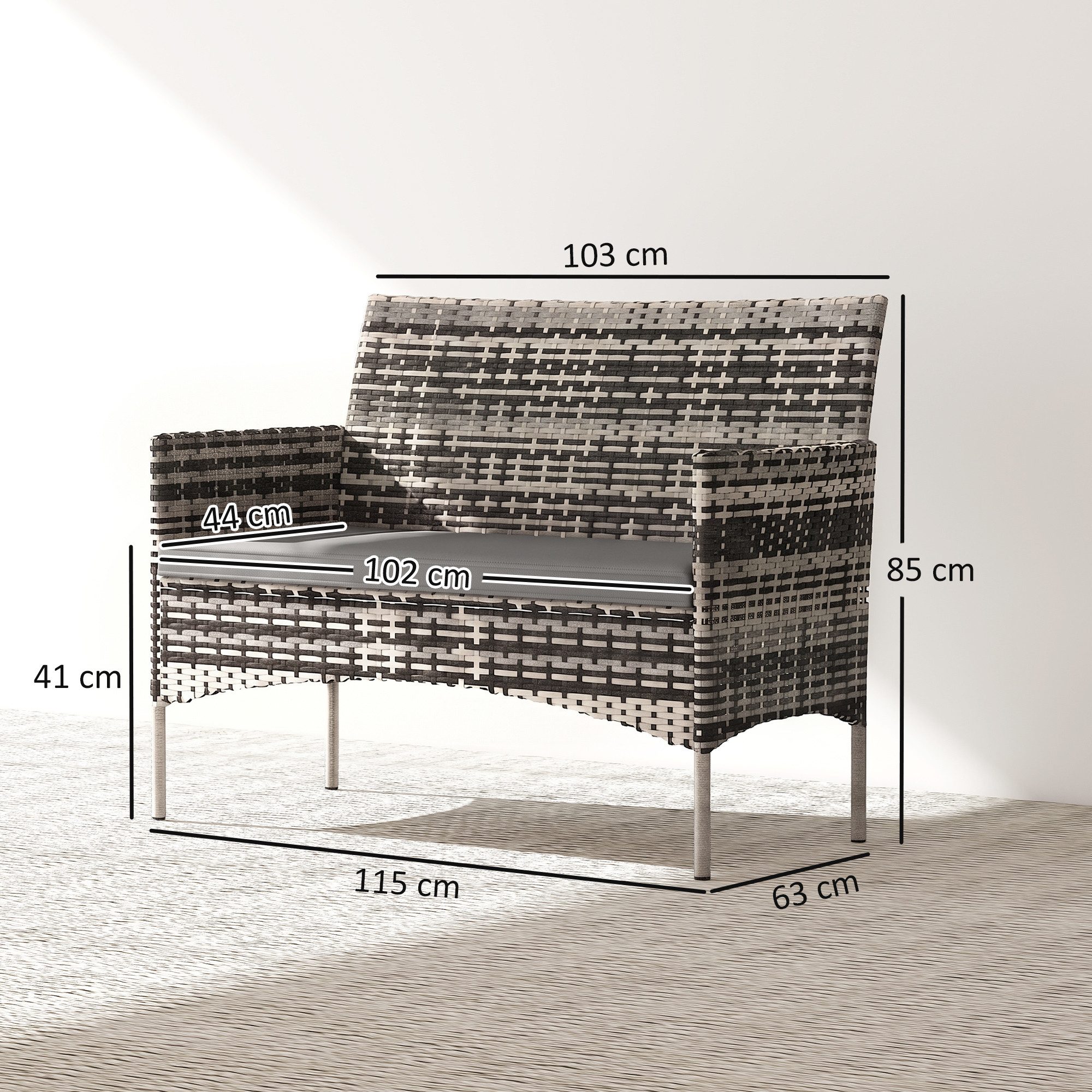 Outsunny Gartensofa 2-Sitzer Rattansofa, 1 Teile, Wetterfest, abnehmbarer Bezug, rutschfest