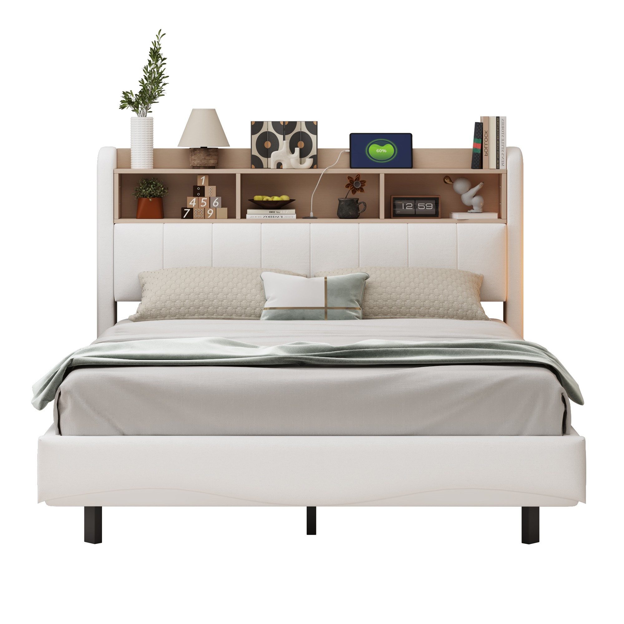 BlingBin Polsterbett Abgehängtes bett Doppelbett Multifunktionales Stauraumbett (1er Set, 1-tlg., Polsterbett mit LED-Licht, USB- und TYPE-C-Schnittstelle, 140 x 200 cm), Geschwungener Rahmen, schwebende Optik, Leinenstoff