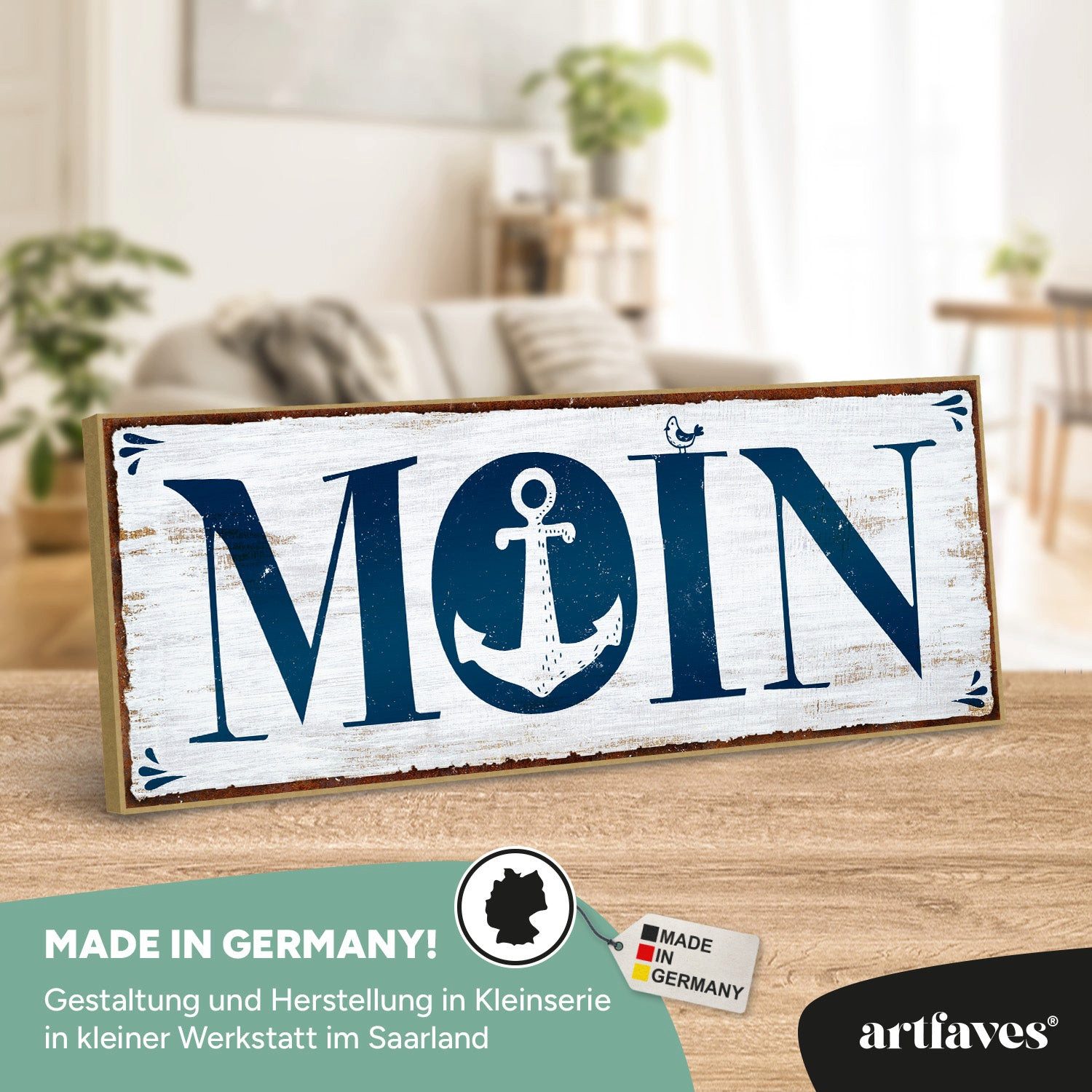 ARTFAVES Holzbild Schild mit Spruch - Moin - Hamburg, Nordsee, Meer, maritime Deko – Bild 2 von 5