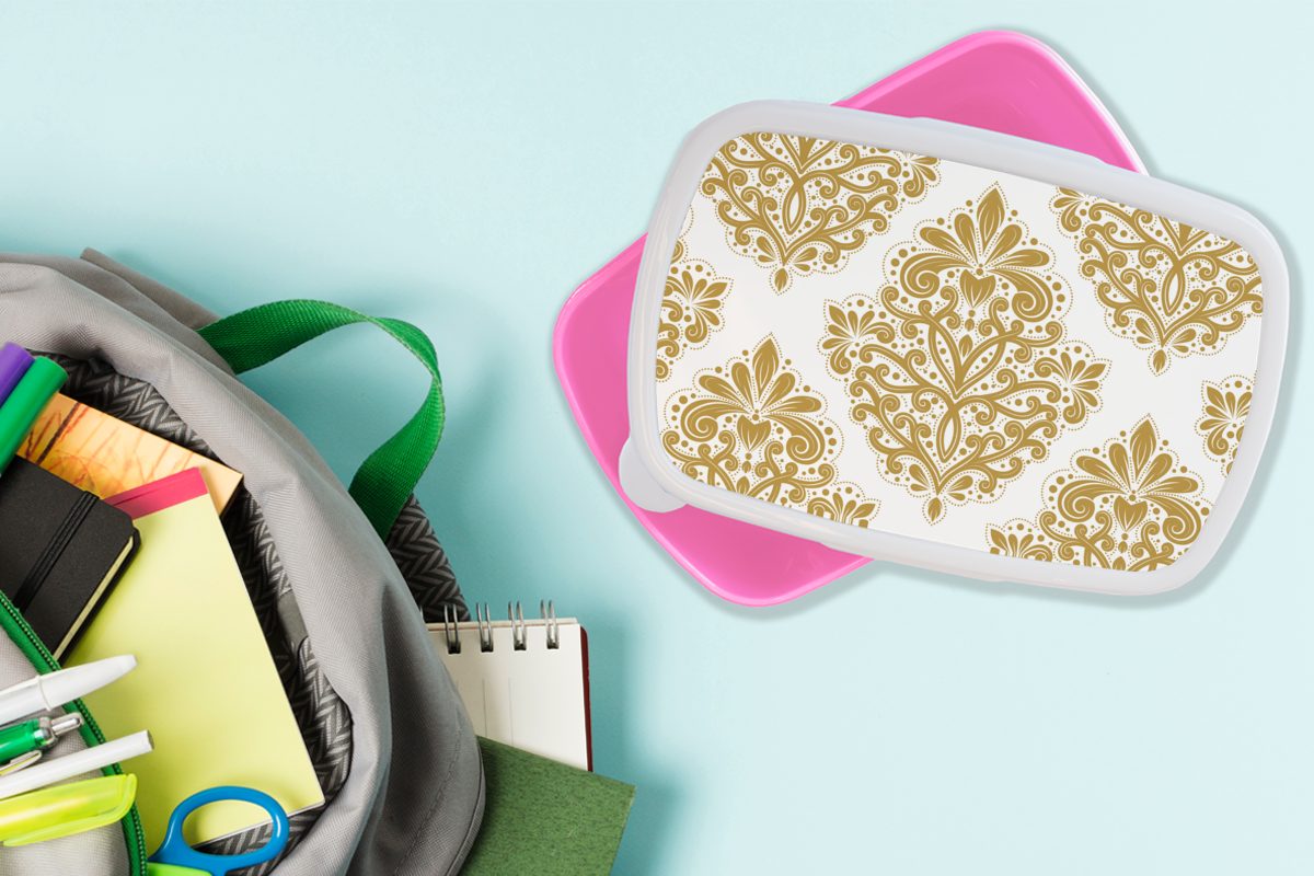 MuchoWow Lunchbox Vintage Gold - Muster, Blumen rosa Erwachsene, Snackbox, Brotbox Kunststoff für Kinder, - - Brotdose (2-tlg), Kunststoff, Mädchen