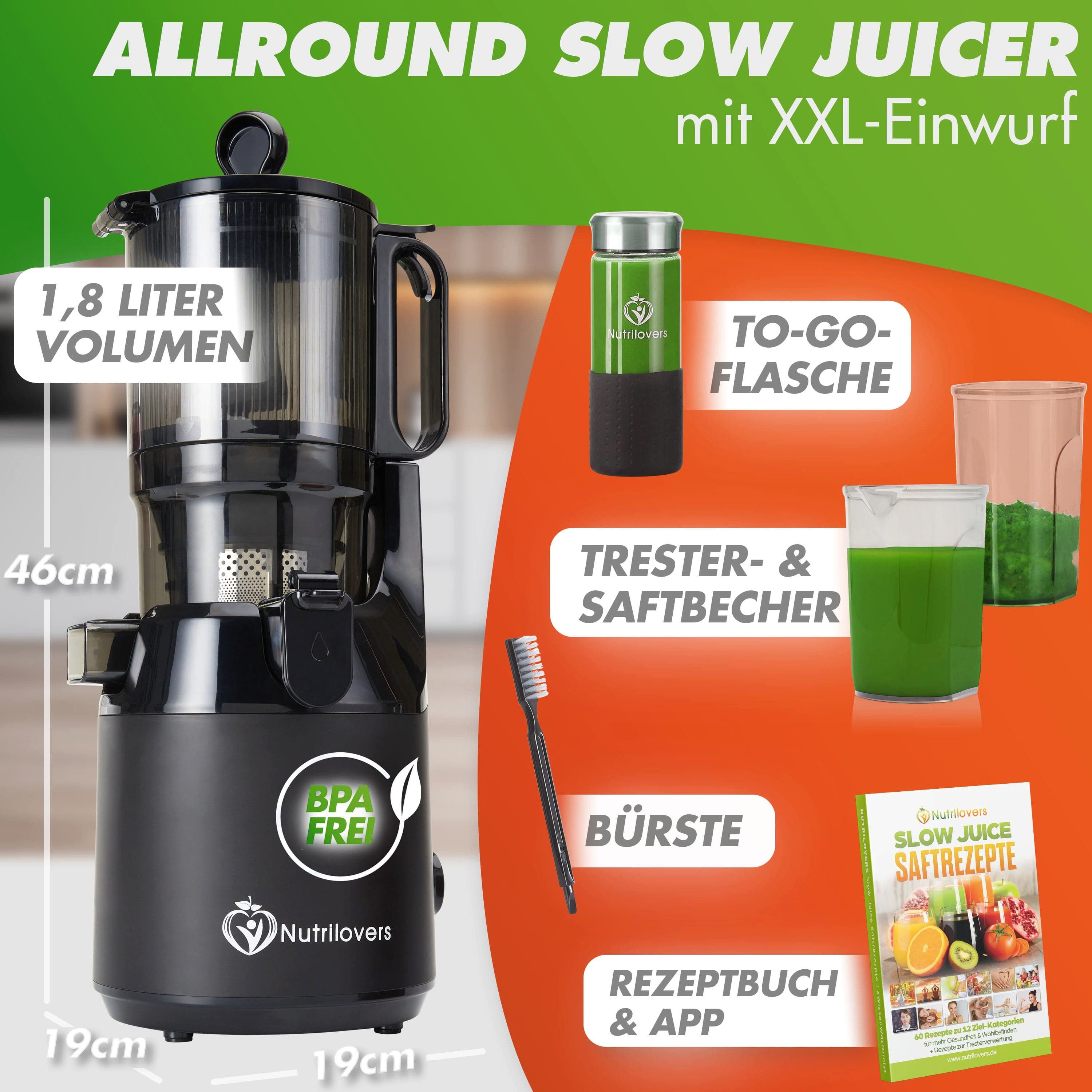 Nutrilovers Slow Juicer Entsafter Ganze Früchte - Slow Juicer für Vitamine - Saftausbeute, 200 W