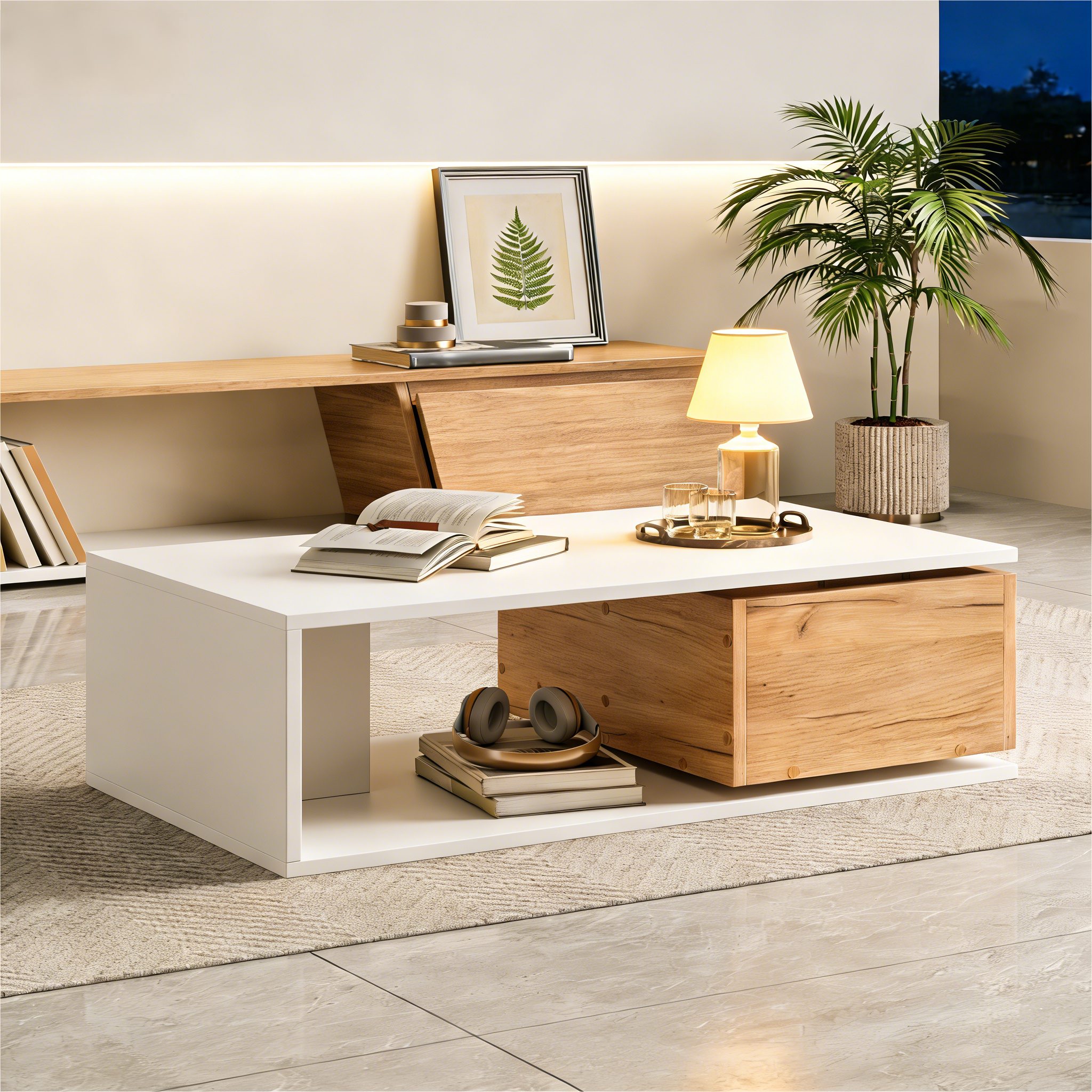 Yorbay Couchtisch Weiß Hochglanz mit 360° Drehschublade und offenem Staufach, Moderner Sofatisch fürs Wohnzimmer