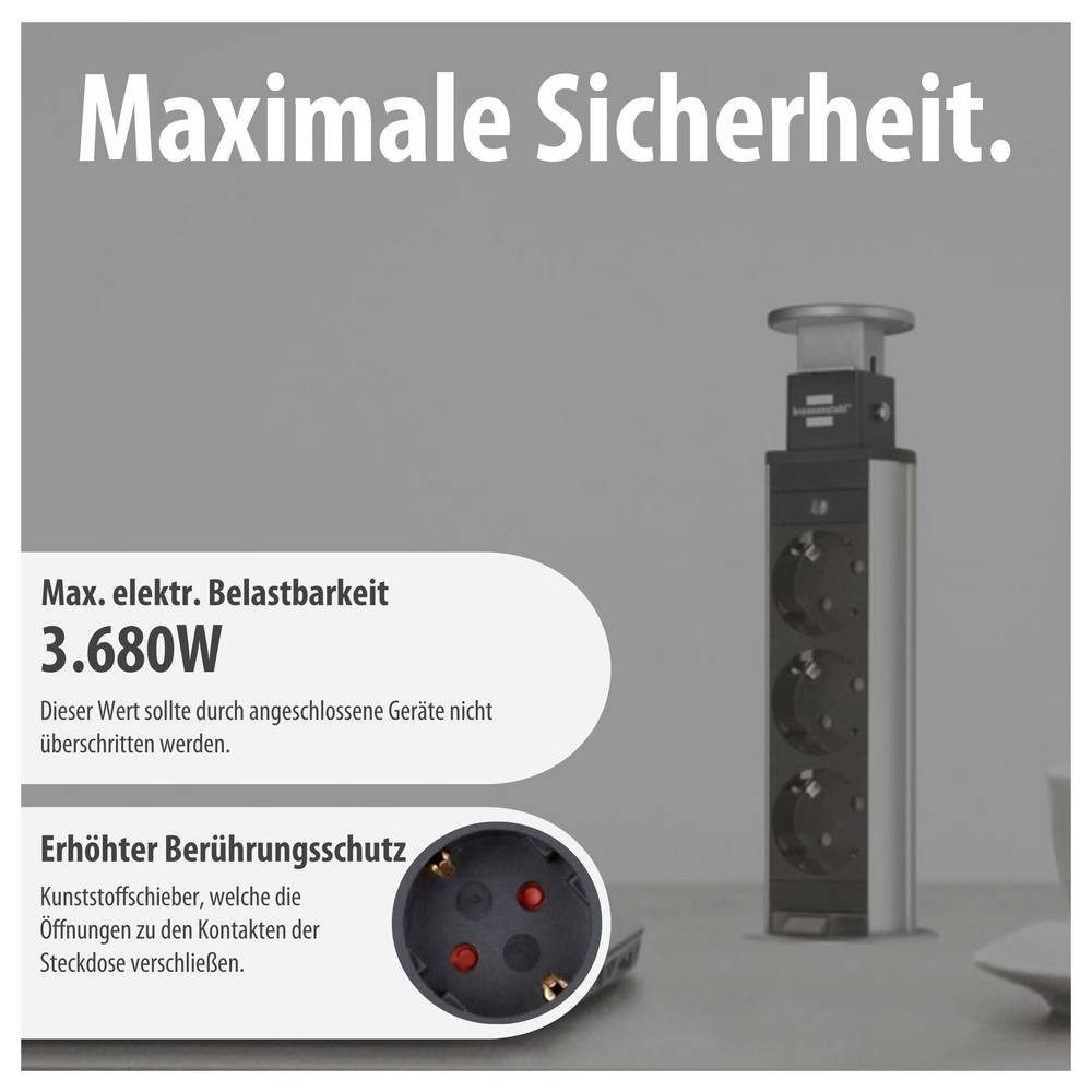 Brennenstuhl 3fach Tischsteckdosenleiste 1396200003 Steckdosenleiste (Kabellänge 2.00 m), versenkbar, erhöhter Berührungsschutz, mit Schalter – Bild 4 von 5