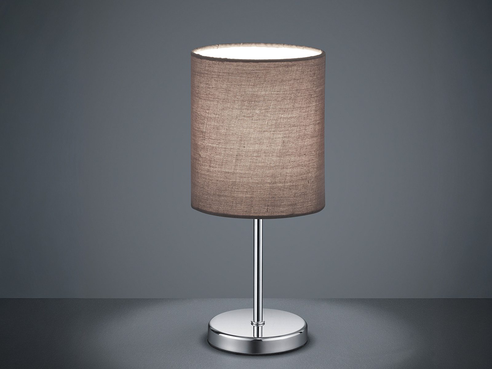 Reality Leuchten LED Nachttischlampe, Dimmfunktion, LED wechselbar, Warmweiß, kleine Designklassiker dimmbar, Fensterlampe Stoff Lampenschirm Grau