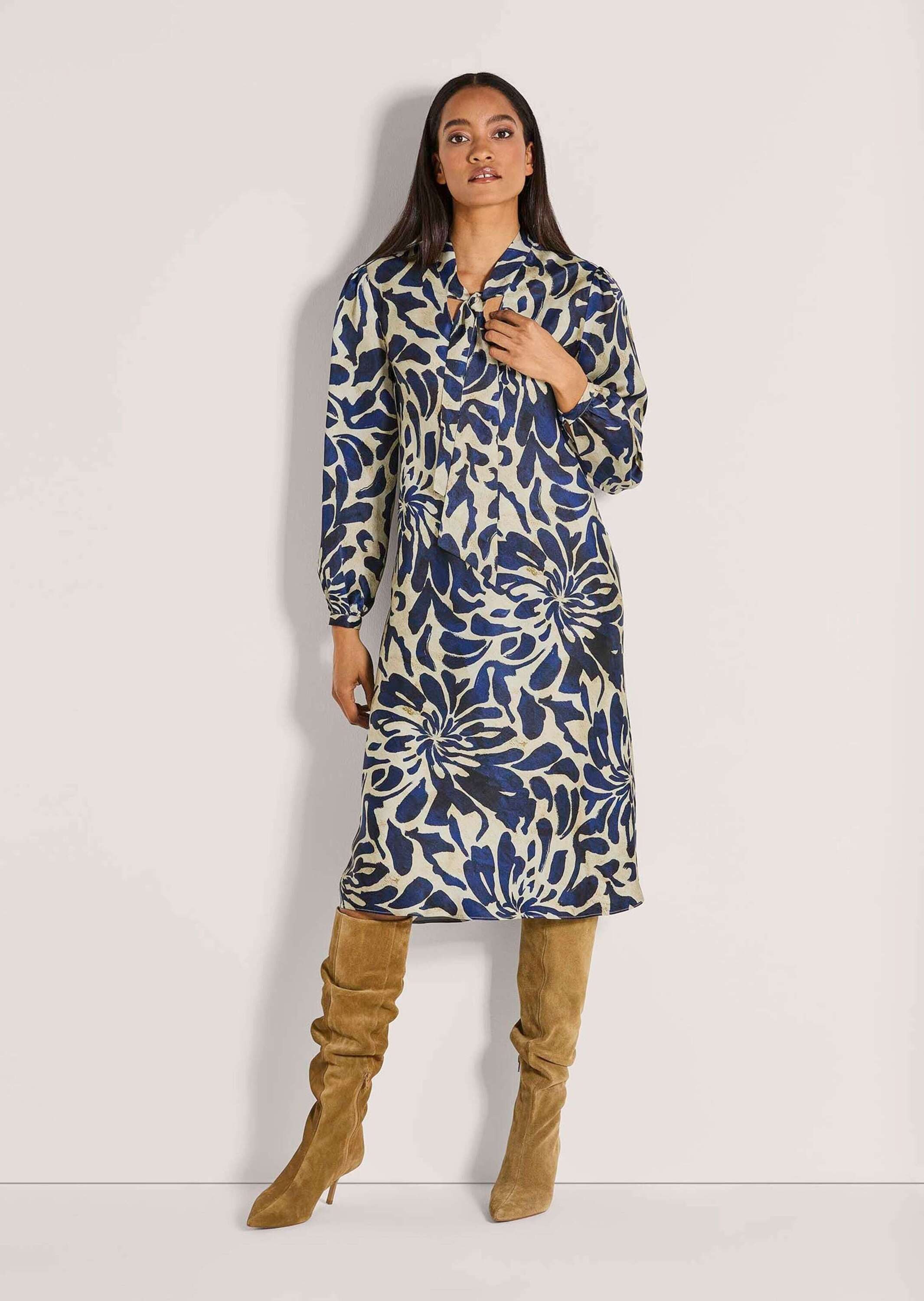 MADELEINE Midikleid Elegantes Viskosekleid mit Blumenmuster Druckkleid mit V-Ausschnitt, Bindeband und langen Ärmeln