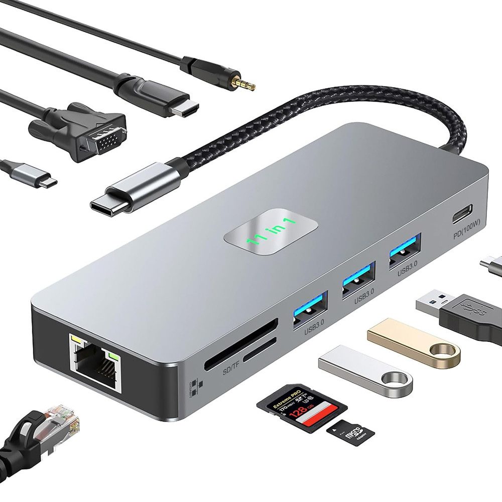 TUWENA Laptop-Dockingstation Docking Station USB C HUB, 11 in 1 Adapter, für MacBook/Laptop/Tablet