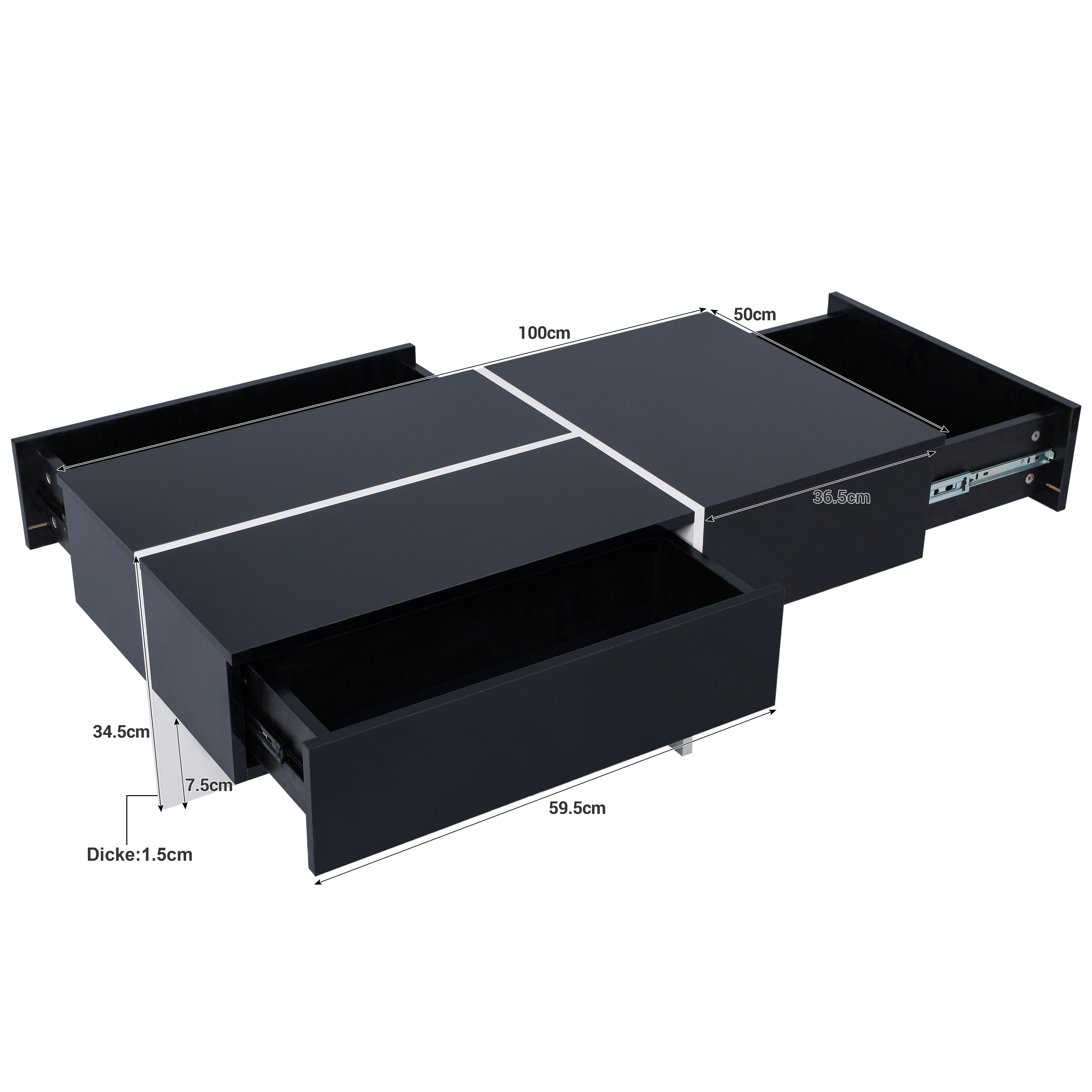 Furnishings Home Couchtisch Beistelltisch LED Ablagetisch Breite 100 cm (Hochglänzender quadratischer, 100x50x34.5 cm), Mit 2 Schubladen und 16-farbigen variabl – Bild 3 von 5