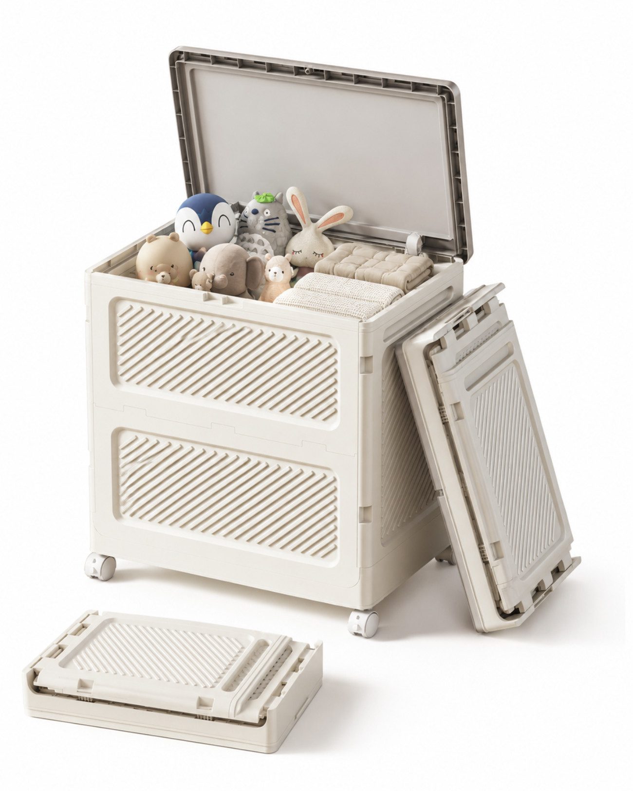 Luckice Aufbewahrungsbox mit Deckel und Rädern Spielzeugkiste Werkzeugkasten 85L (Faltbare Kunststoff Kisten Aufbewahrung, Stapelbare Klappbox Ordnungsbox als Organizer für Kleidung, Spielzeug, Badezimmer, Küche, Büro oder Wohnzimmer, Rollbare Aufbewahrungsbox)