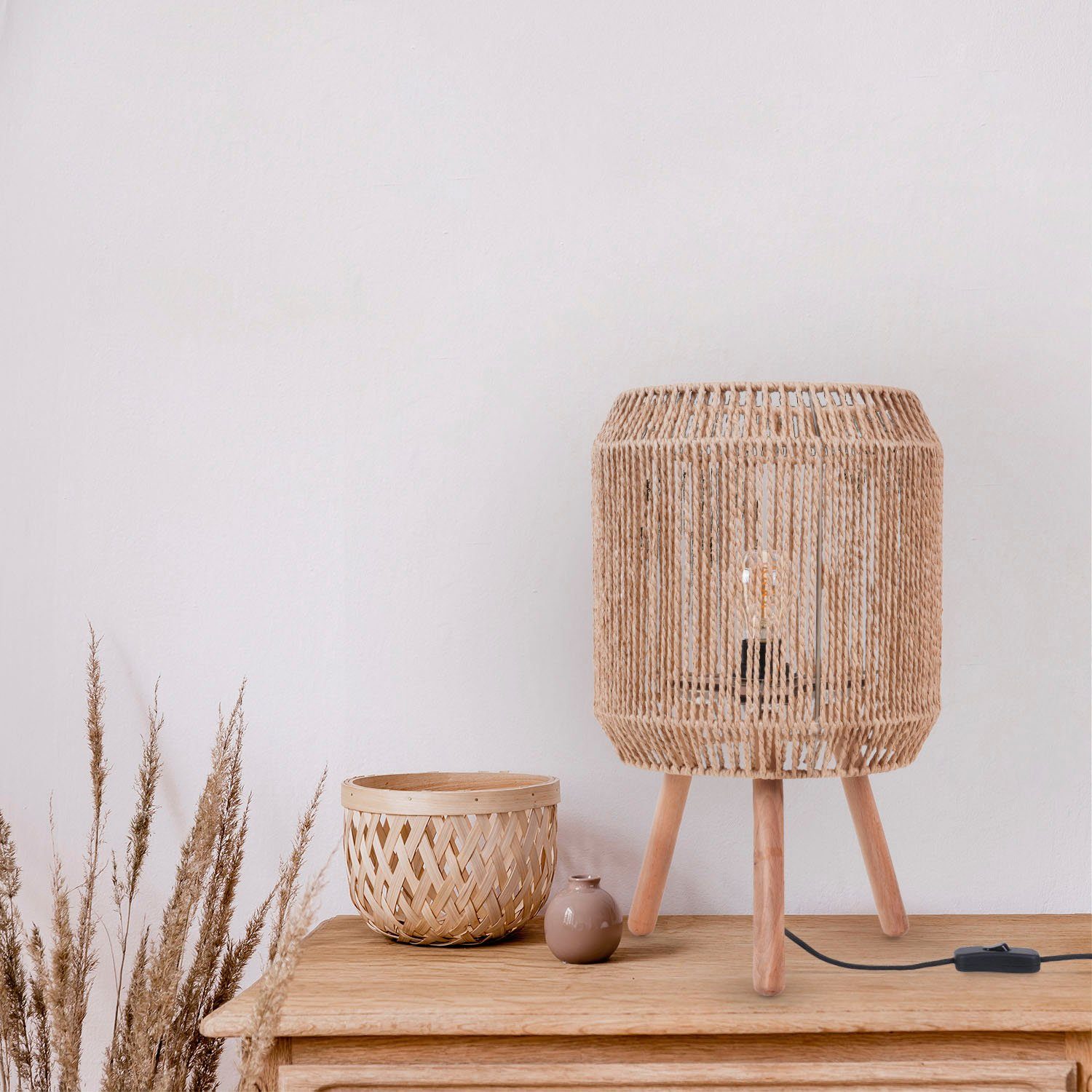 Paco Home Tischleuchte SOL, braun ohne Korb Leuchtmittel, Boho E27 Holz Lampenschirm Deko