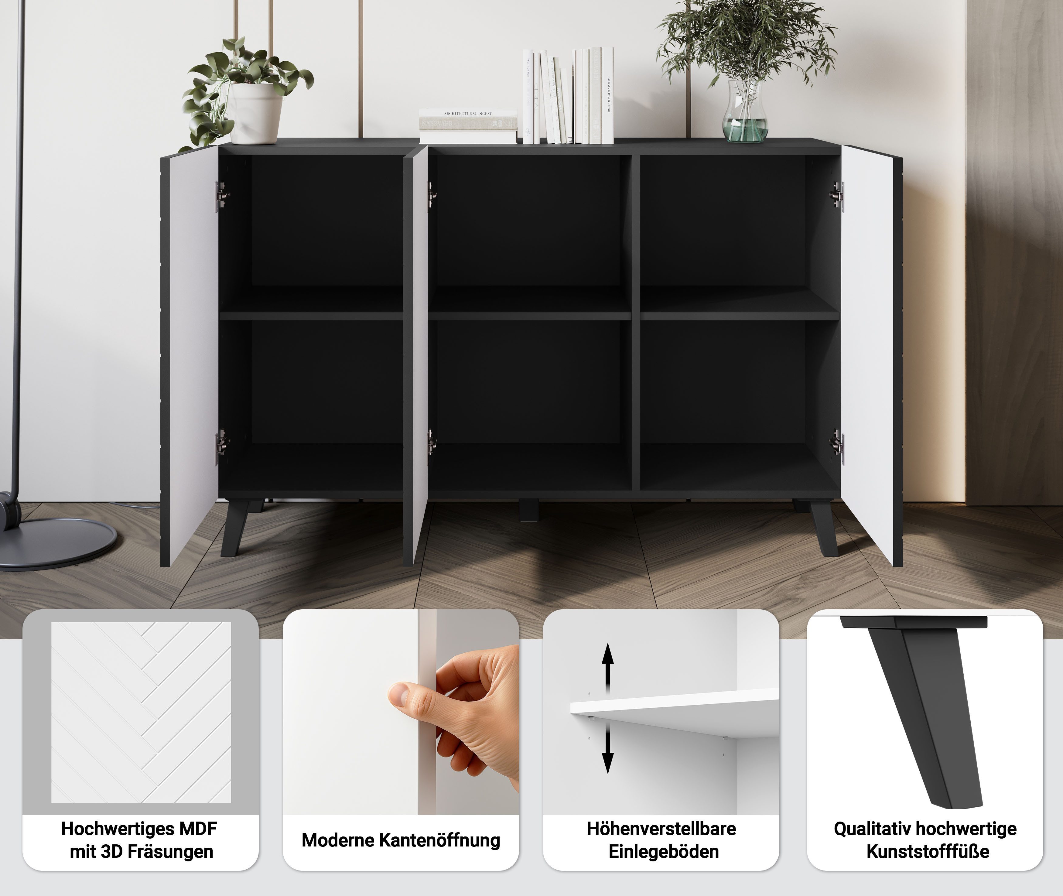 Home affaire Sideboard Phuket, Front MDF, Modernes Sideboard mit 6 Fächern, Breite 120 cm