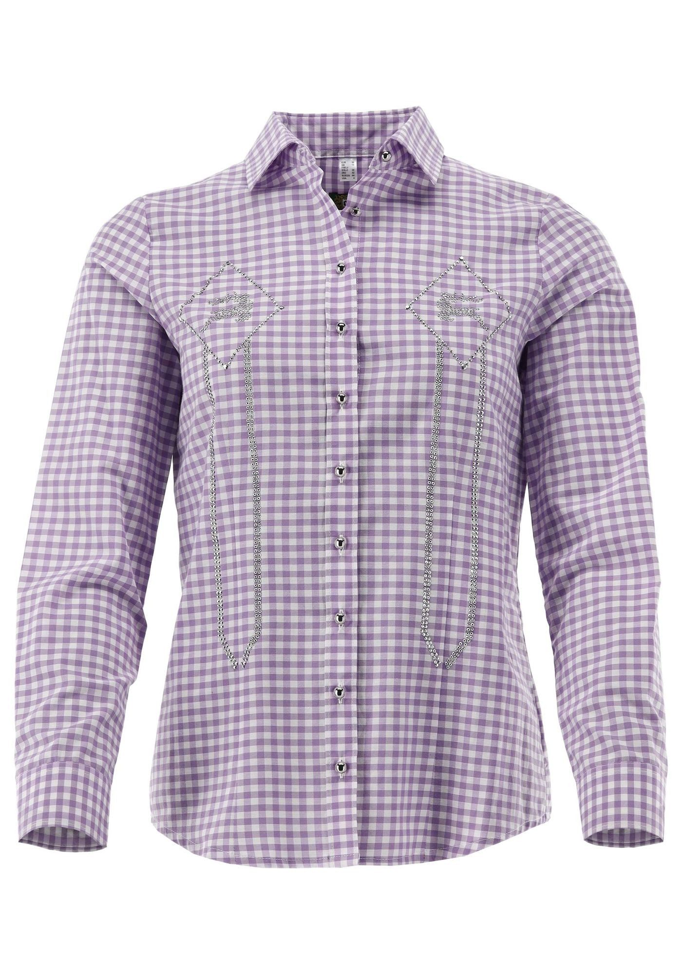 OS Trachten Trachtenbluse Disara Tailliert, Haifischkragen, Metallknöpfe, Hirsch-Glitzer-Bügelmotiv