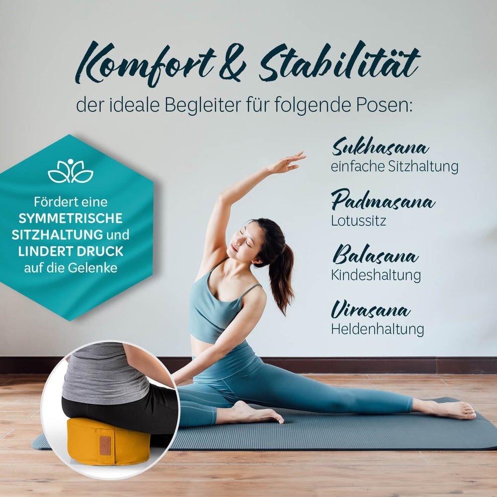 #DoYourYoga Yoga Bolster Kissen Vishnu - gefüllt mit Bio-Buchweizenschalen, - Rund 30 x 30 x 15 cm - Currygelb