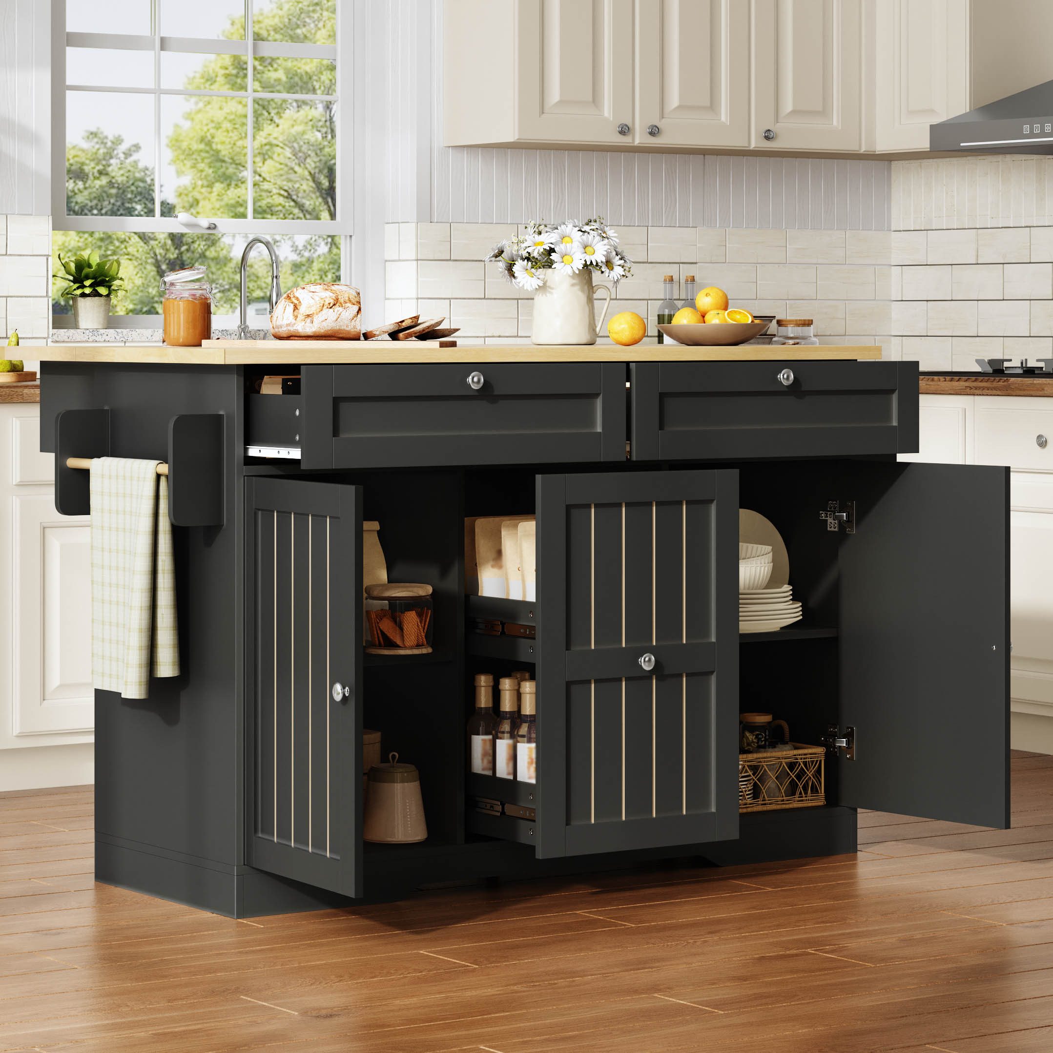 HAUSS SPOLE Kücheninsel mit klappbarer Arbeitsplatte,Servierwagen Küchenschrank mit Schubladen, (Küchentisch Buffetschrank mit Schubladen und 360° feststellbare Rollen), Aufbewahrungsschrank 120×70(45+25)×92 cm