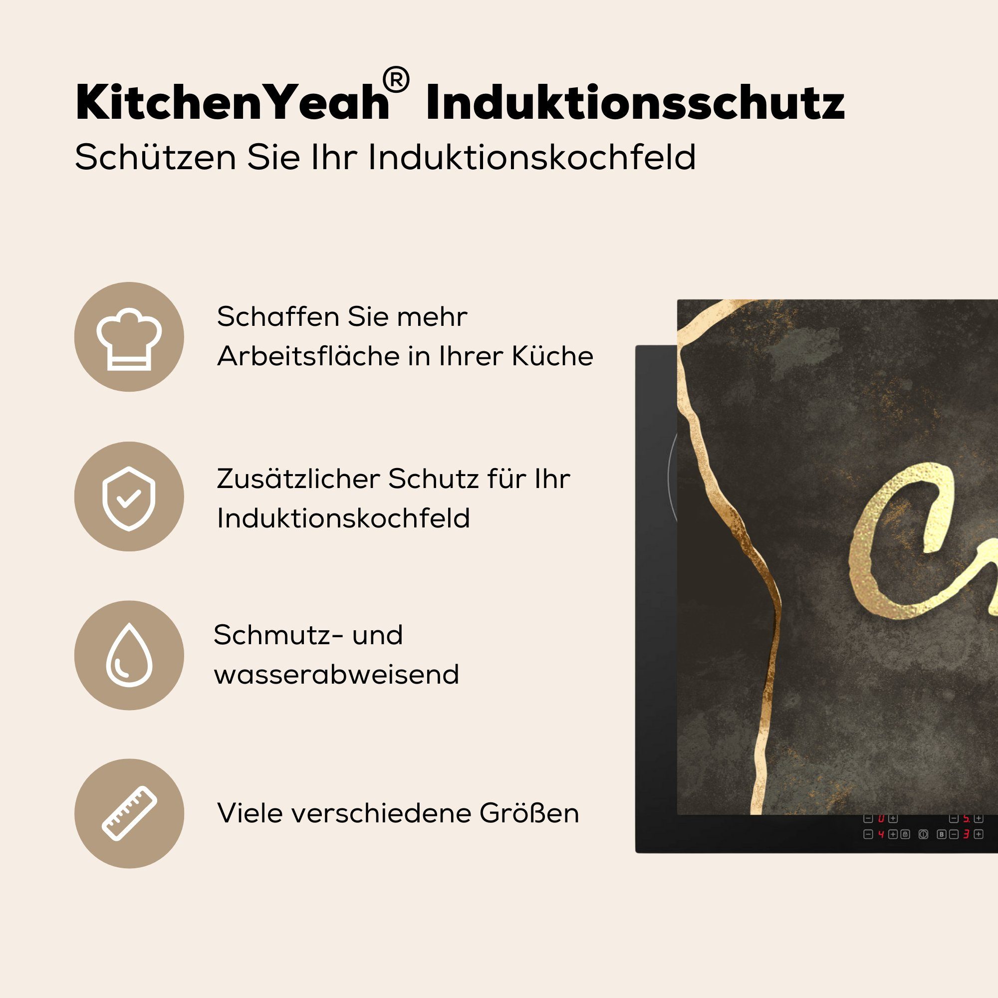 MuchoWow Induktionskochfeld cm, Vinyl, - für Gold die Ceranfeldabdeckung küche, Kreativ Herdblende-/Abdeckplatte Schwarz, - 81x52 - Schutz Zitat (1 tlg),