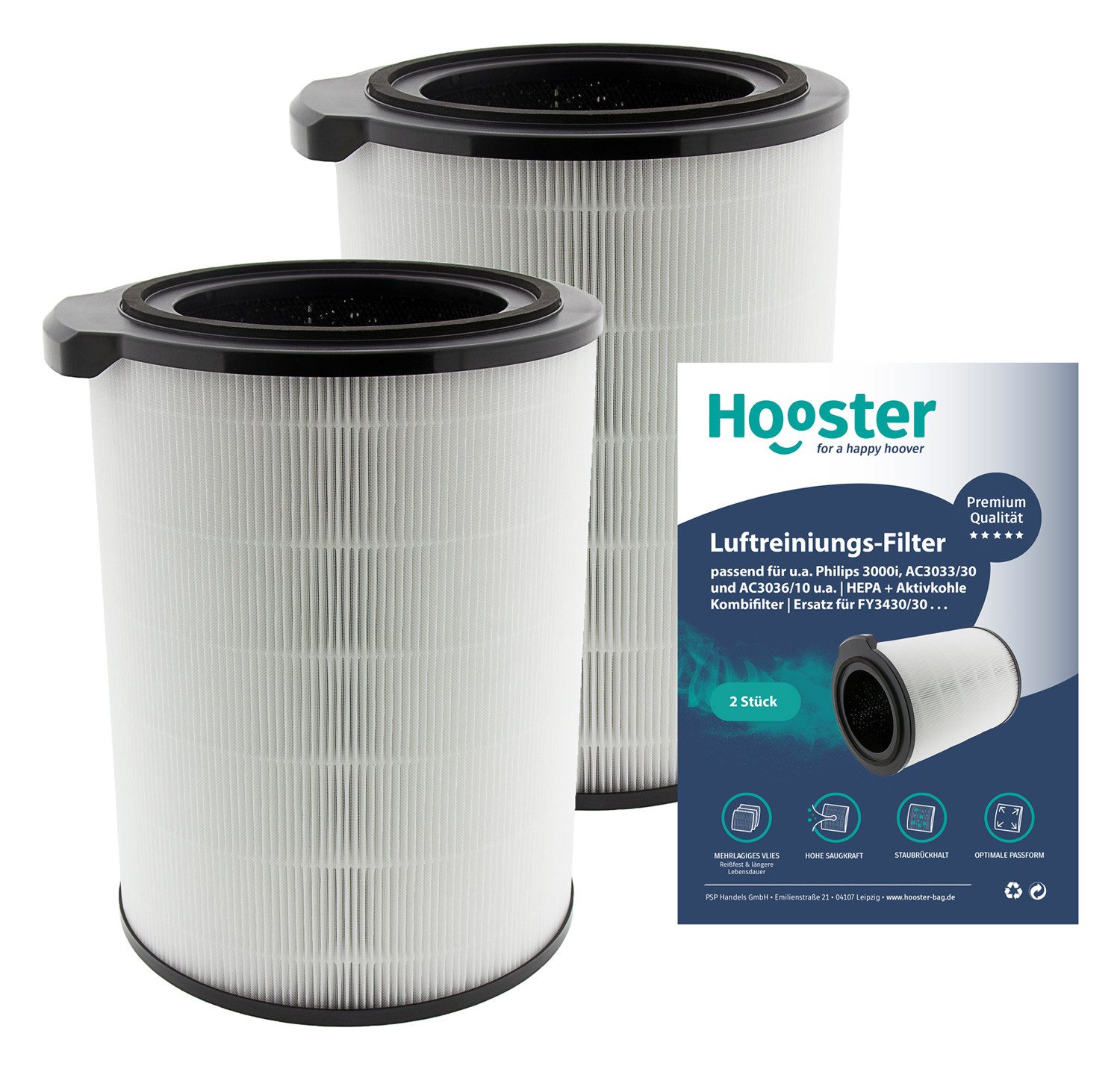 Hooster Luftfilter 2er-SET Filter passend für Philips 3000i Luftreiniger AC3033/30, und AC3036/10 u.a., HEPA + Aktivkohle Kombifilter