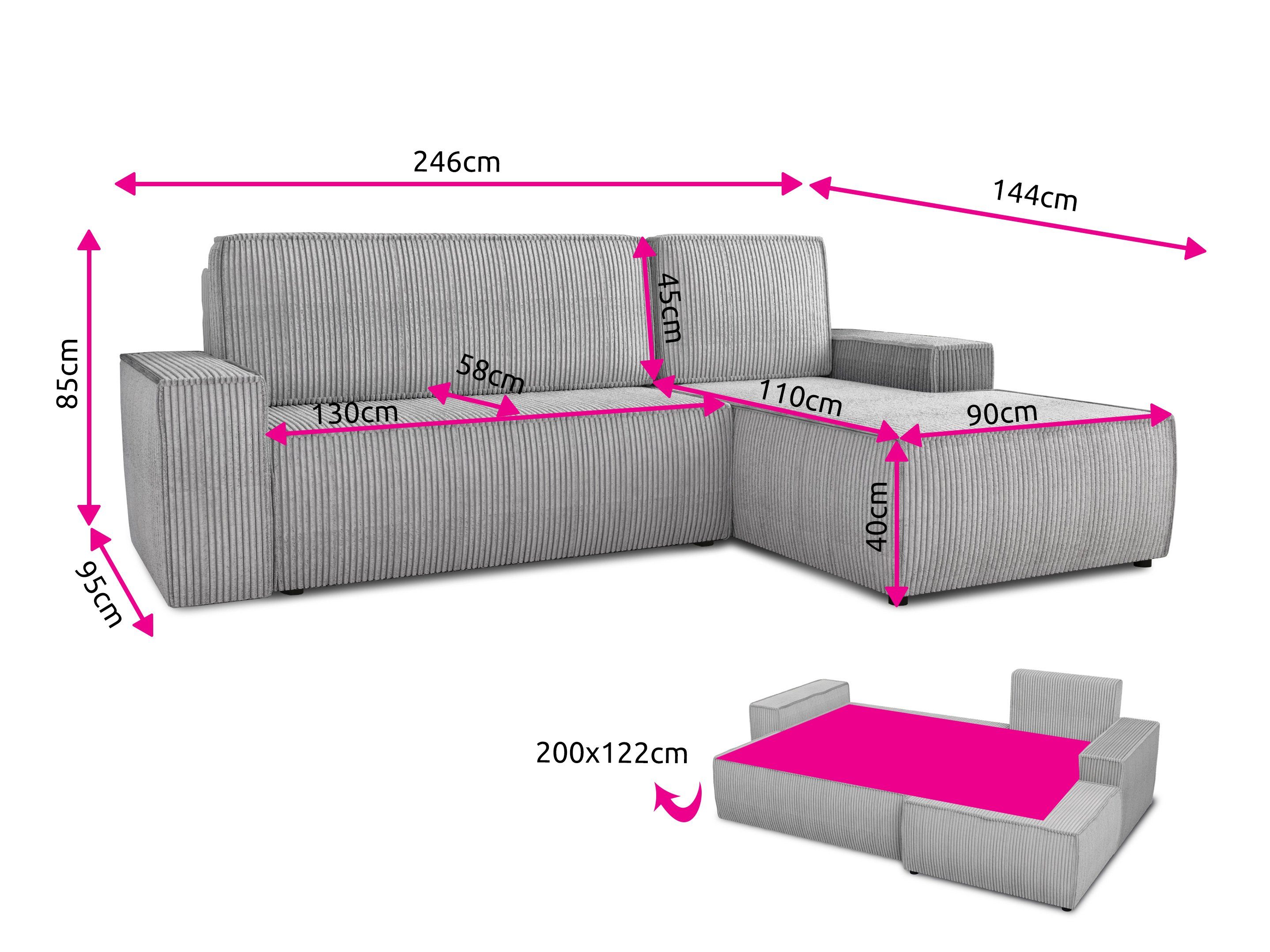 Sofnet Ecksofa Totti L, mit mit Schlaffunktion Poso Bettkasten, 110 Stoff, Schlafsofa und Cord L-Form Wellenfeder Couch