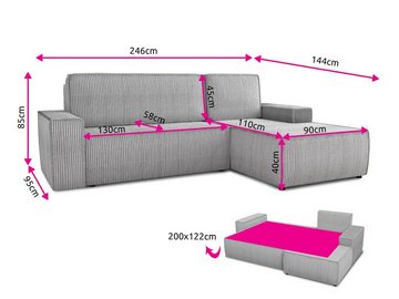 Sofnet Ecksofa Totti L, mit Schlaffunktion und Bettkasten, L-Form Couch, Cord Stoff, Schlafsofa mit Wellenfeder