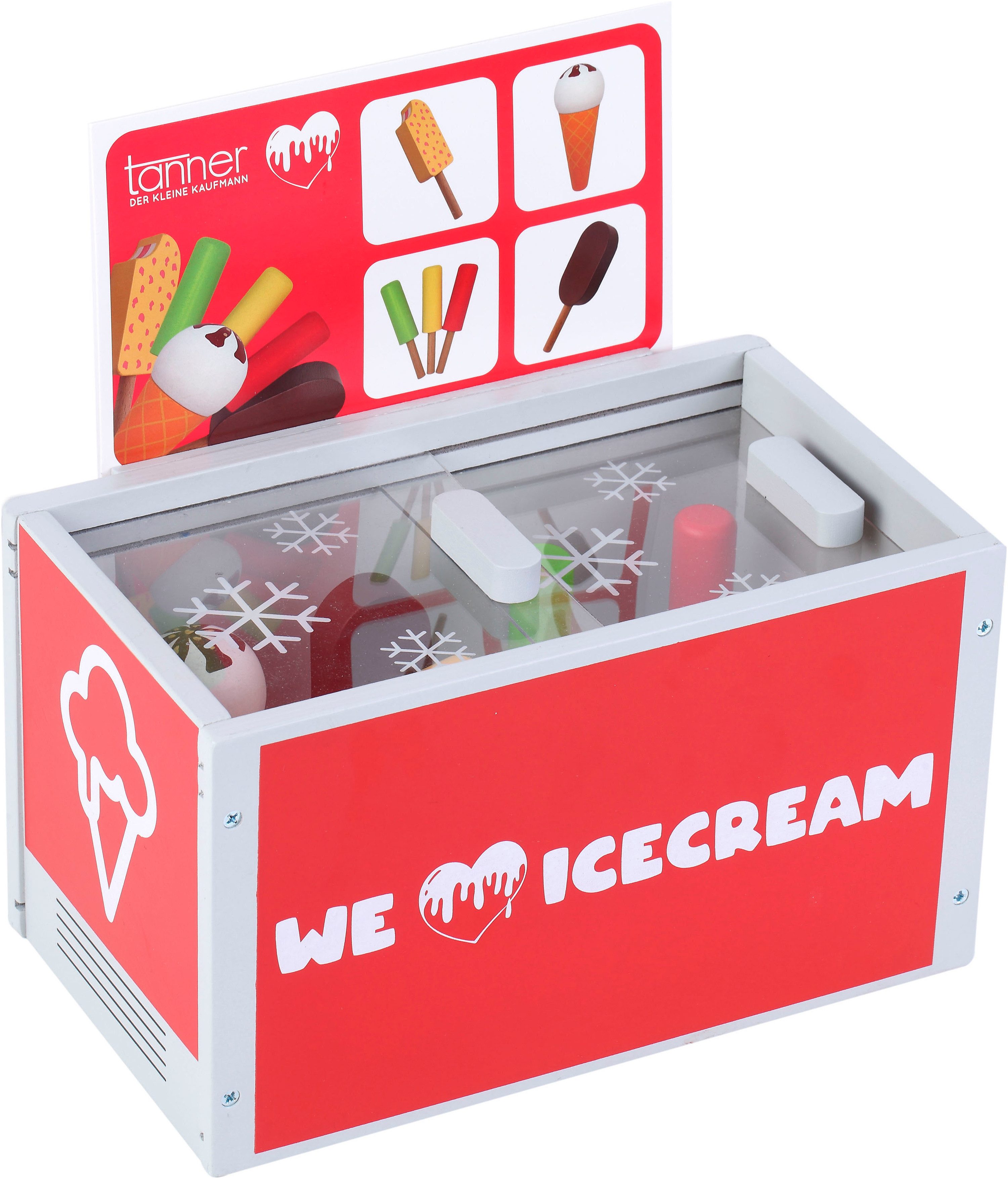 Tanner Kaufladensortiment Eistruhe aus Holz mit vielen Eissorten
