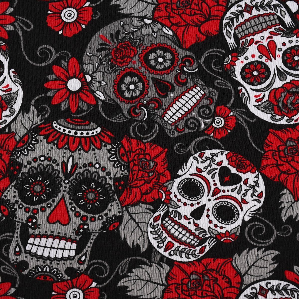 SCHÖNER LEBEN. Stoff Baumwolljersey Jersey Totenköpfe Blumen schwarz grau rot weiß 1,45m