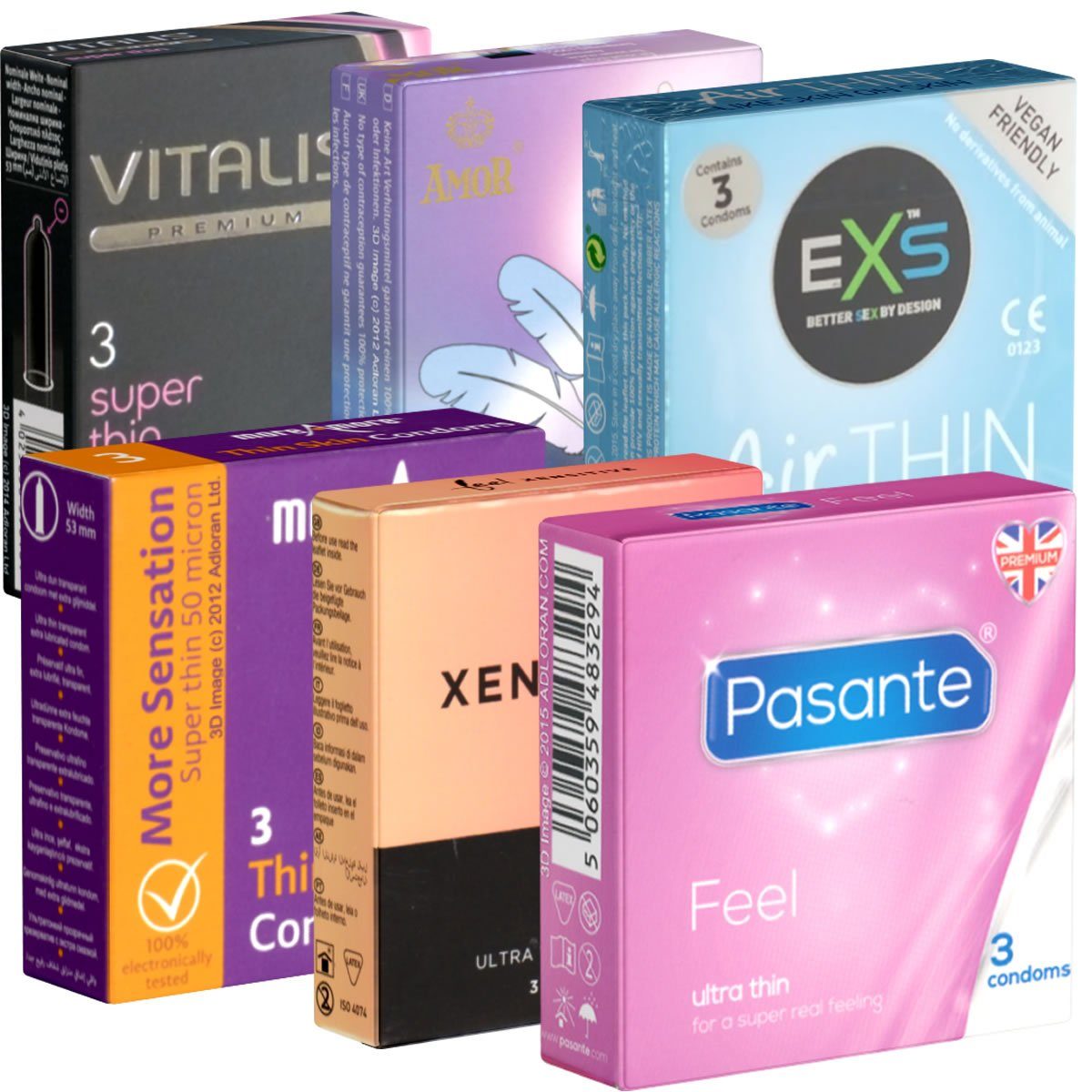 Kondomotheke Kondome Feel & Thin Mix 6 Packungen dünne Kondome, insgesamt, 18 St., hauchdünne Wandstärke für maximale Gefühlsintensivität