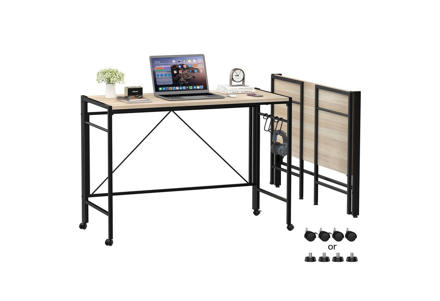 JEOBEST Klapptisch Schreibtisch Klappbar mit Rollen, Arbeitstisch XL 110 x 50 cm, (1-St., 1 Schreibtisch), Schmal, Platzsparend, Einfacher Montage