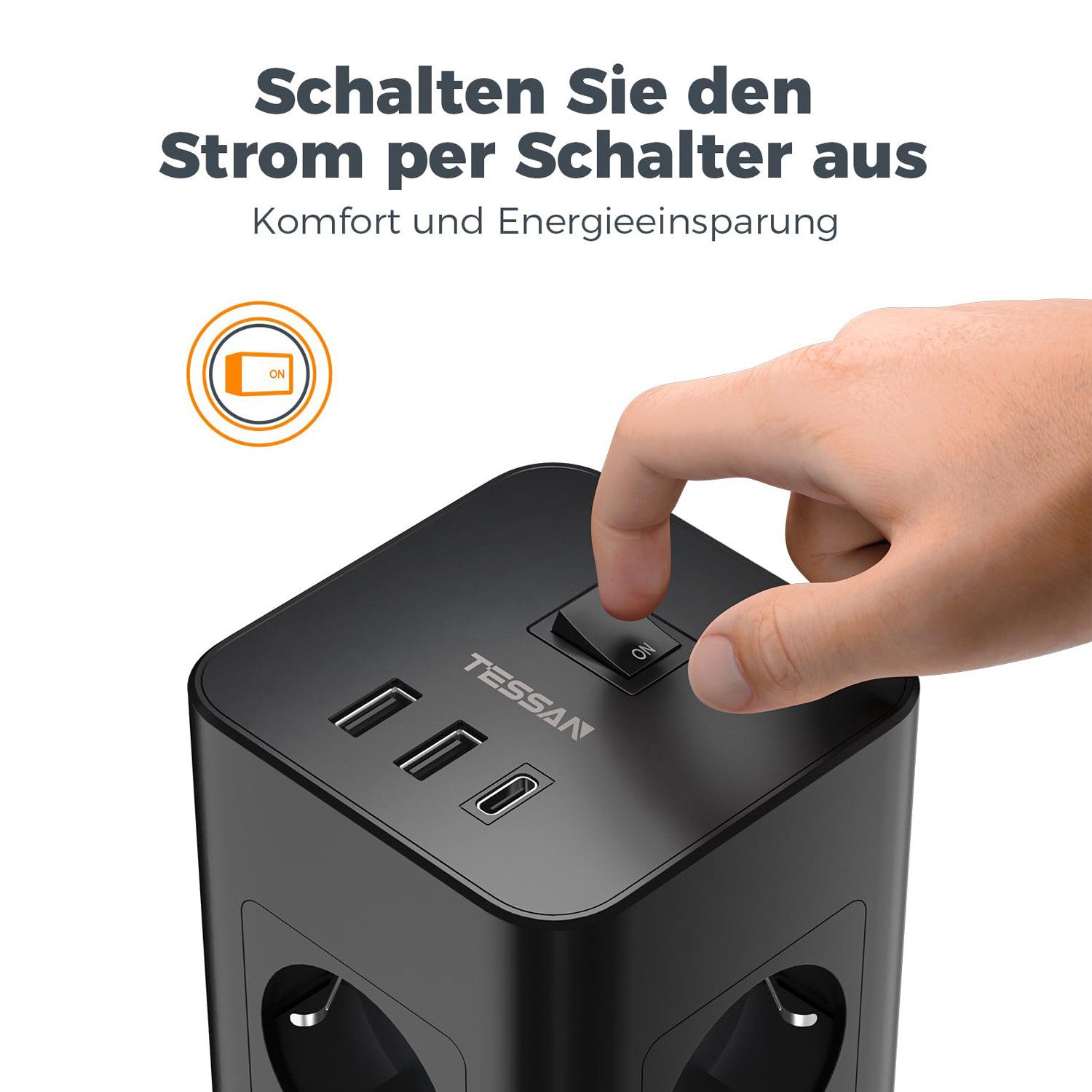 TESSAN 8 Fach Mehrfachsteckdose 3 USB(2USB,1 USB C) Steckdosenleiste Kabel 2m Mehrfachsteckdose (USB-Anschlusse, Ein-/Ausschalter, Kabellänge 2 m)