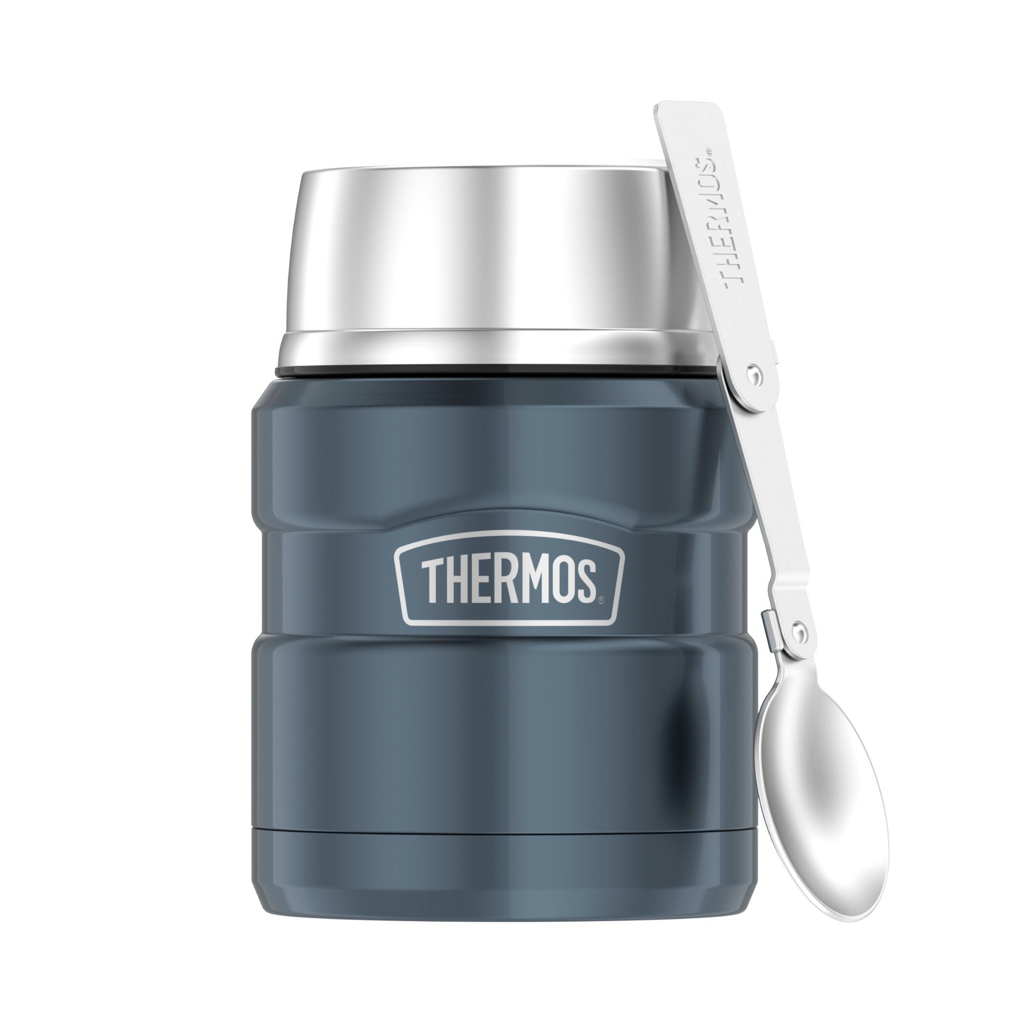 THERMOS Thermobehälter STAINLESS KING, Thermobehälter für Essen, spülmaschinenfest, Edelstahl, Kunststoff, Silikon, (1-tlg), 0,47l, 9h heiß & 14h kalt, dicht, Drehverschluss mit faltbarem Löffel
