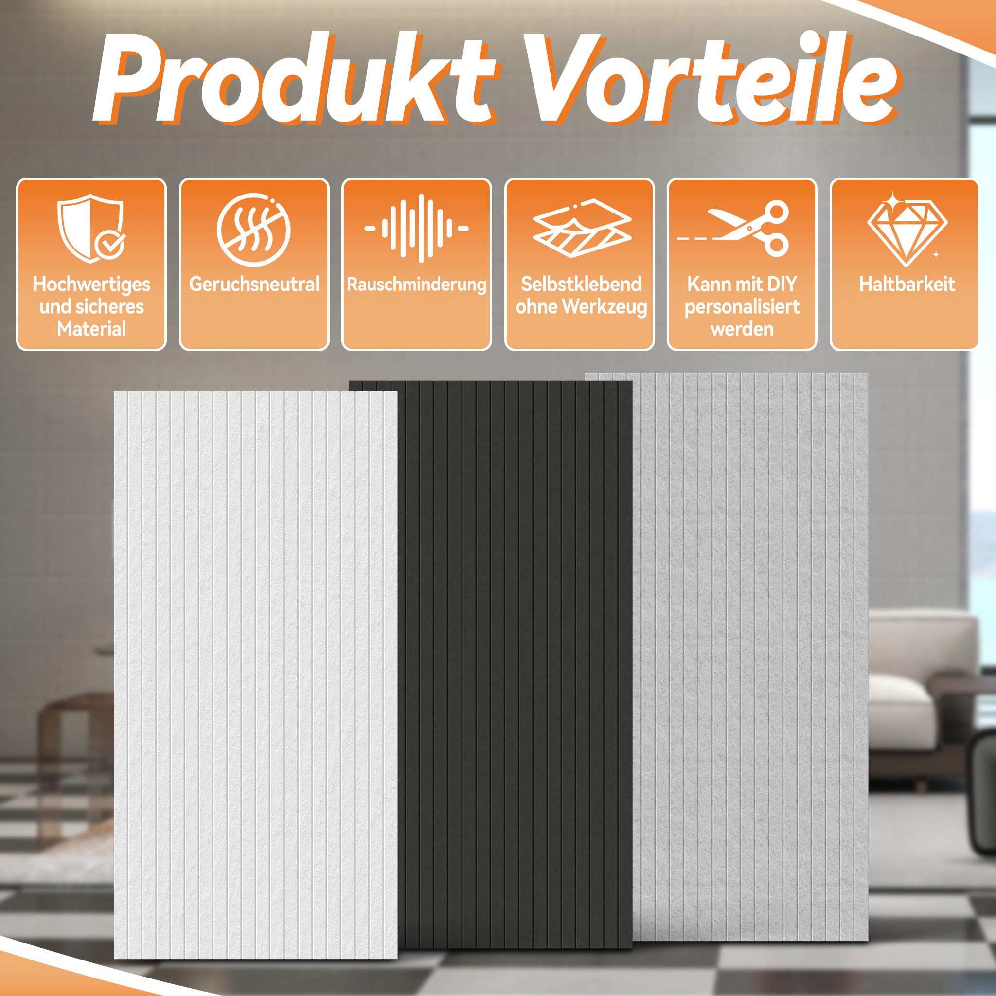 FIVMEN Wandpaneel Akustikpaneele Wand Selbstklebend Schalldämmung 4er/set, (16-tlg) Schwarz/Weiß/Hellgrau 120x60cm Polyesterfaser Langer Streifen – Bild 3 von 5