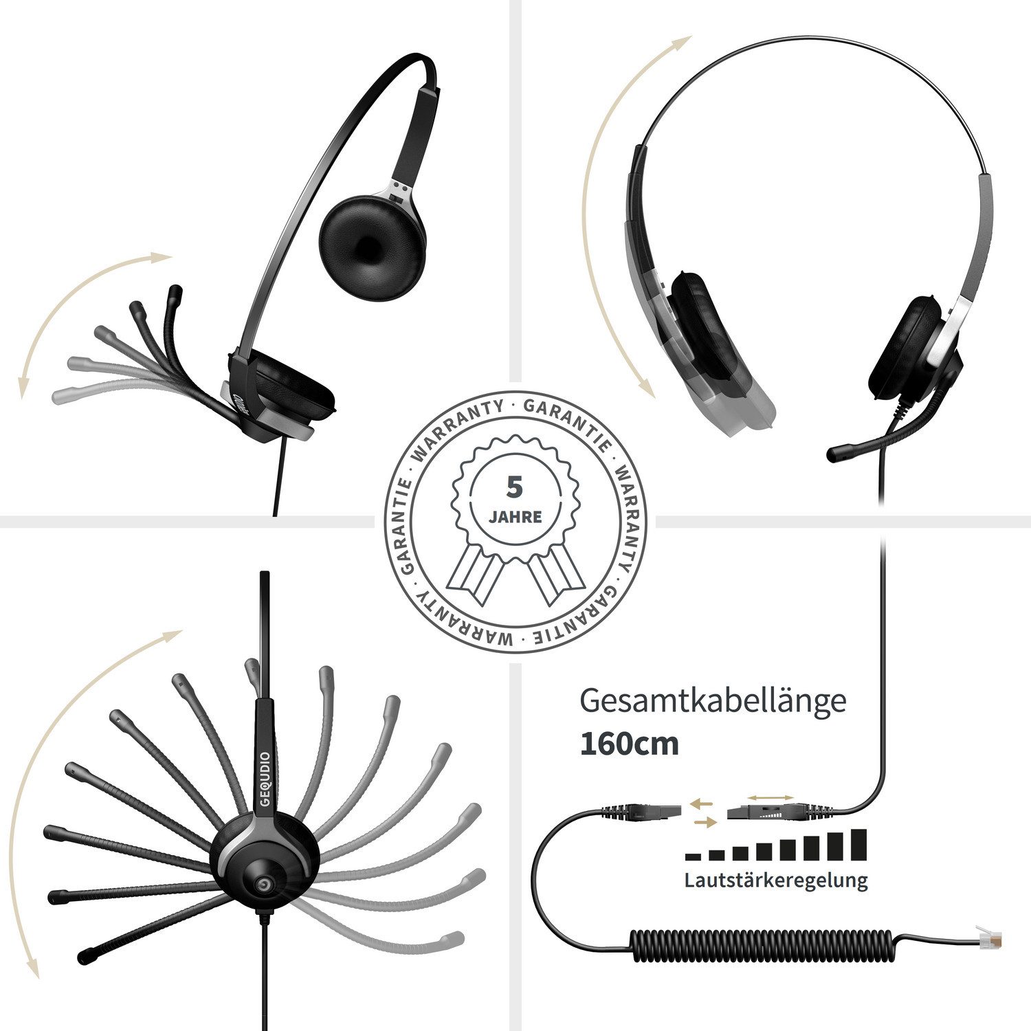 GEQUDIO Headset (mit Wechselverschluss für mehrere Endgeräte, inklusive Anschlusskabel)