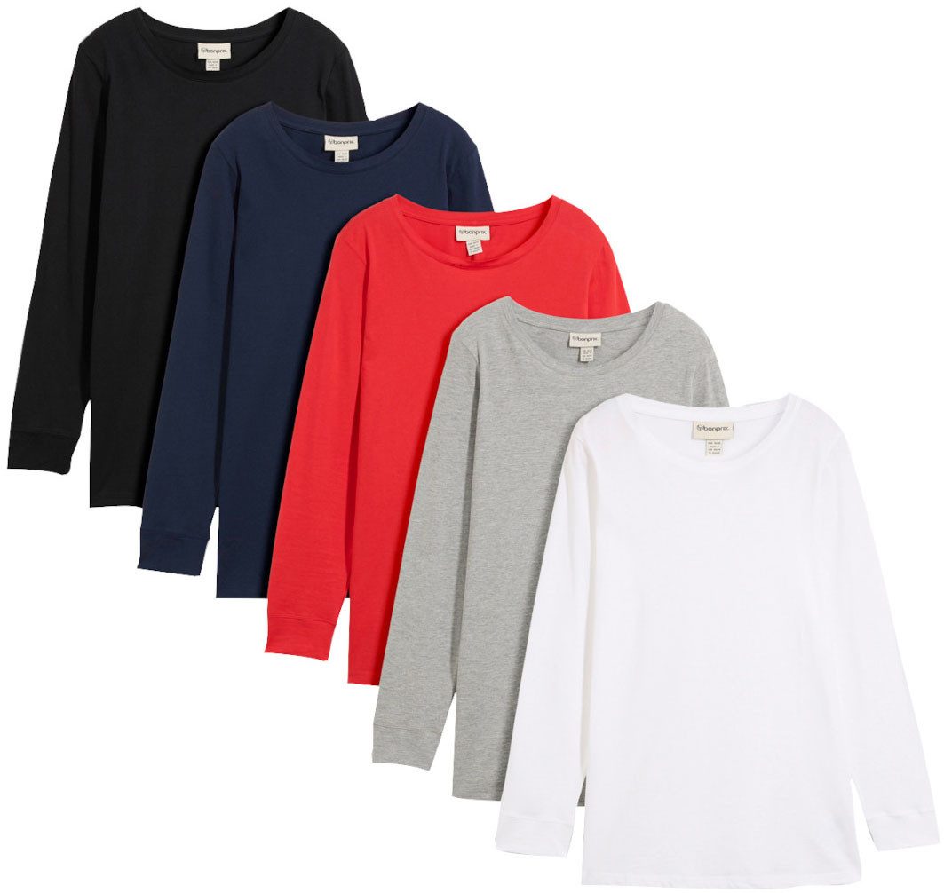 bonprix Longshirt (Packung, 5-tlg) Langarm, aus reiner Baumwolle, mit abgesetzten Bündchen am Ärmel