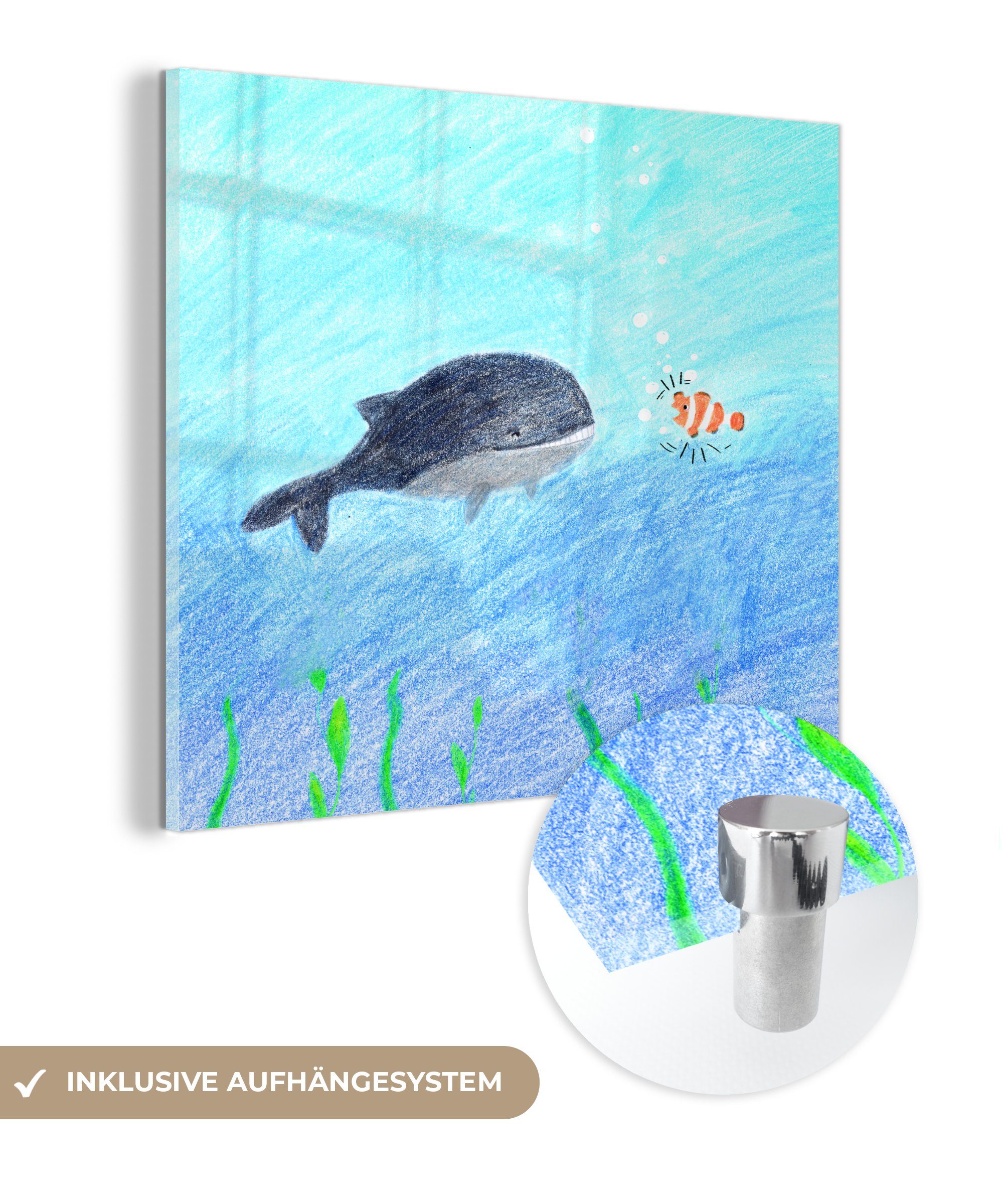 MuchoWow Acrylglasbild Zeichnung eines Wals und eines Anemonenfisches, (1 St), Glasbilder - Bilder auf Glas Wandbild - Foto auf Glas - Wanddekoration