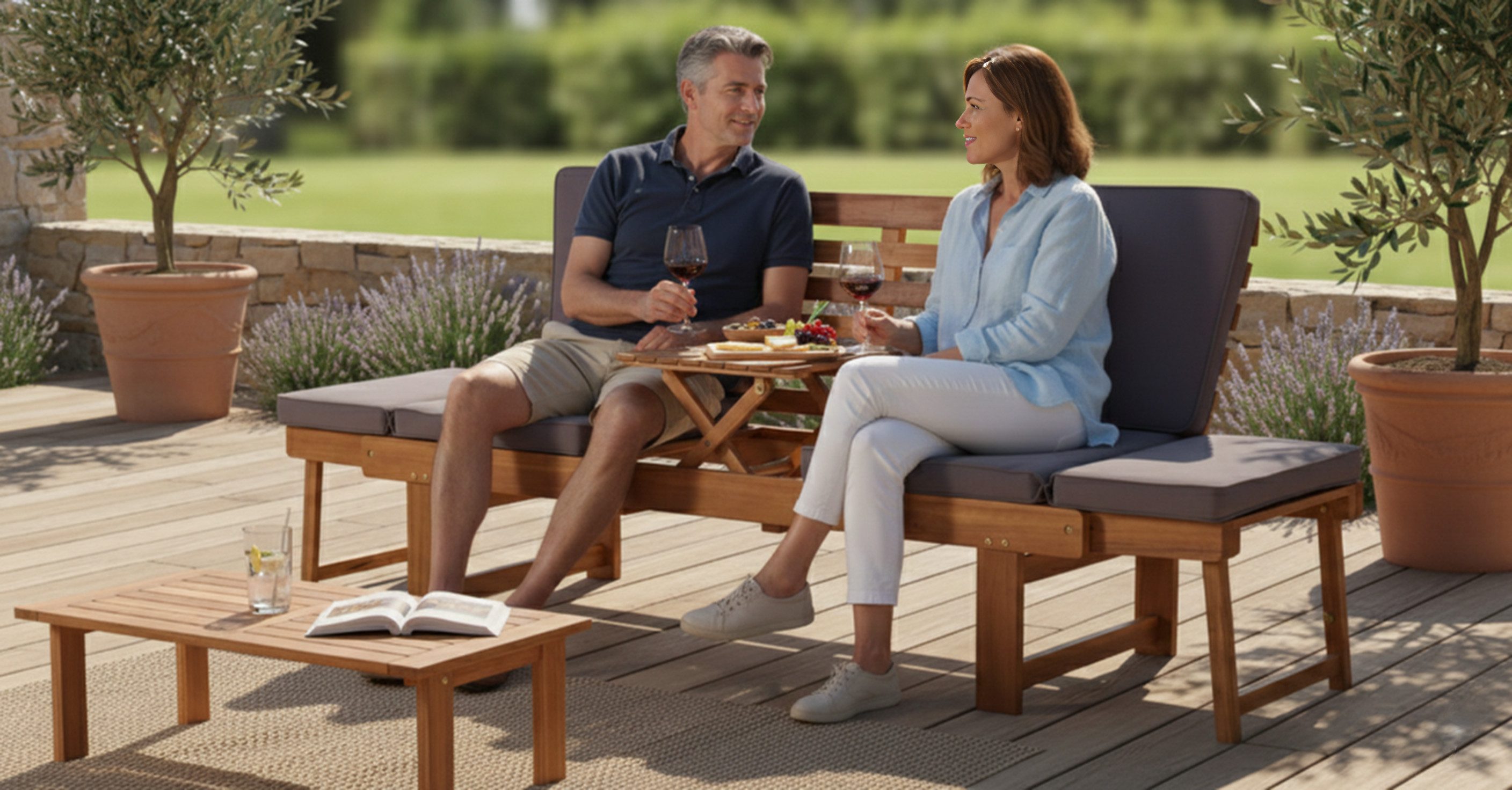 Wohnando Sitzbank Gartenbank "Monte" 202x 67x87cm (BxTxH), massives Akazienholz, FSC (1-St), braun, graue Sitzauflage, ausklappbarer Tisch, umklappbare Seitenteile