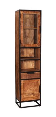 TPFLiving Hochschrank Riverton - aus natürlichem Mangoholz (Platz für Kosmetika oder Dekoartikel - Gestell Metall schwarz, Schrank Schlafzimmer - Glasschrank - Regalschrank) Produktlinie: Wyoming - Breite: 44 cm, Höhe: 190 cm, Tiefe: 34 cm