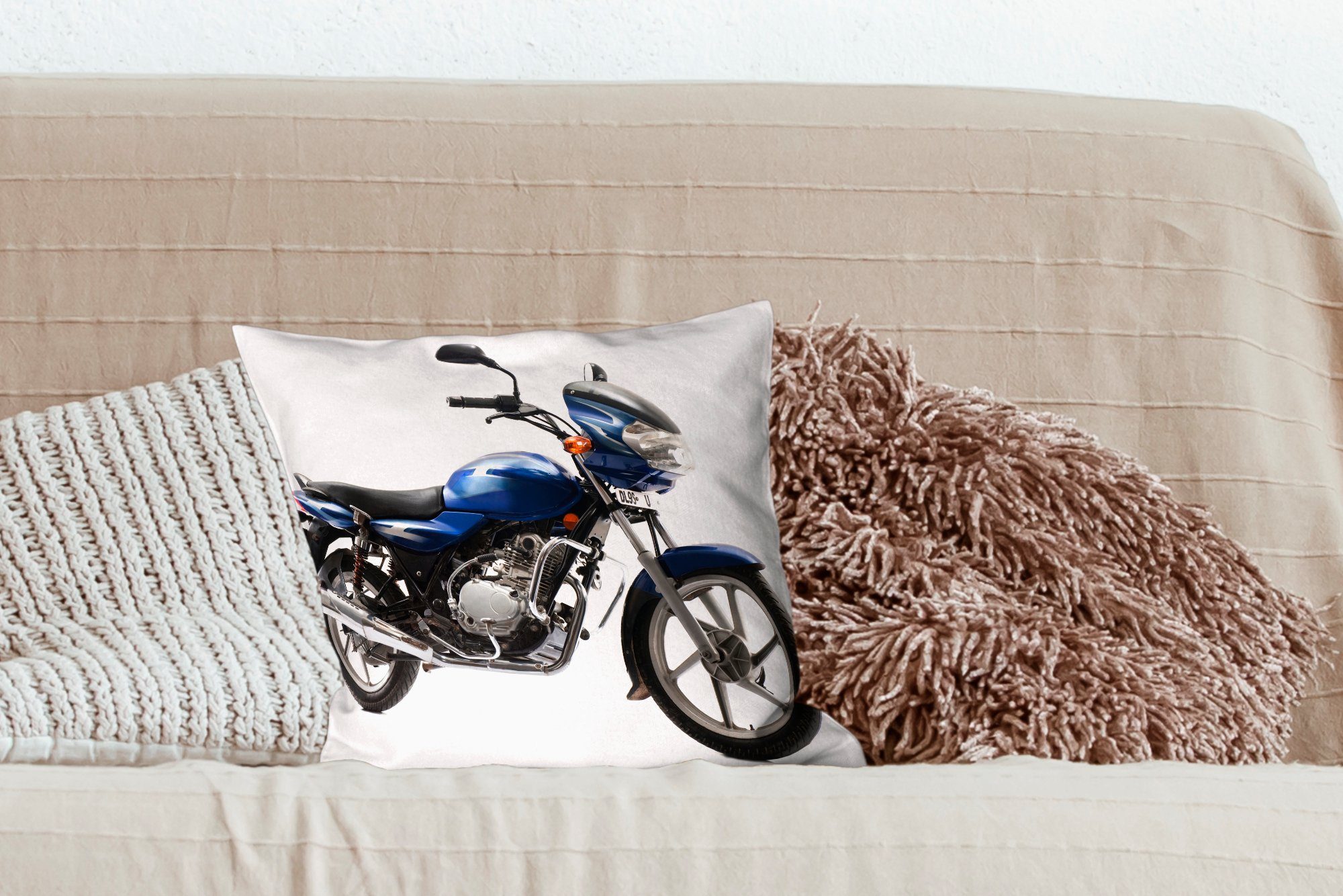 Deko, für blauen Nahaufnahme mit eines Dekokissen Wohzimmer, Schlafzimmer, MuchoWow Füllung Motorrads, Sofakissen Zierkissen