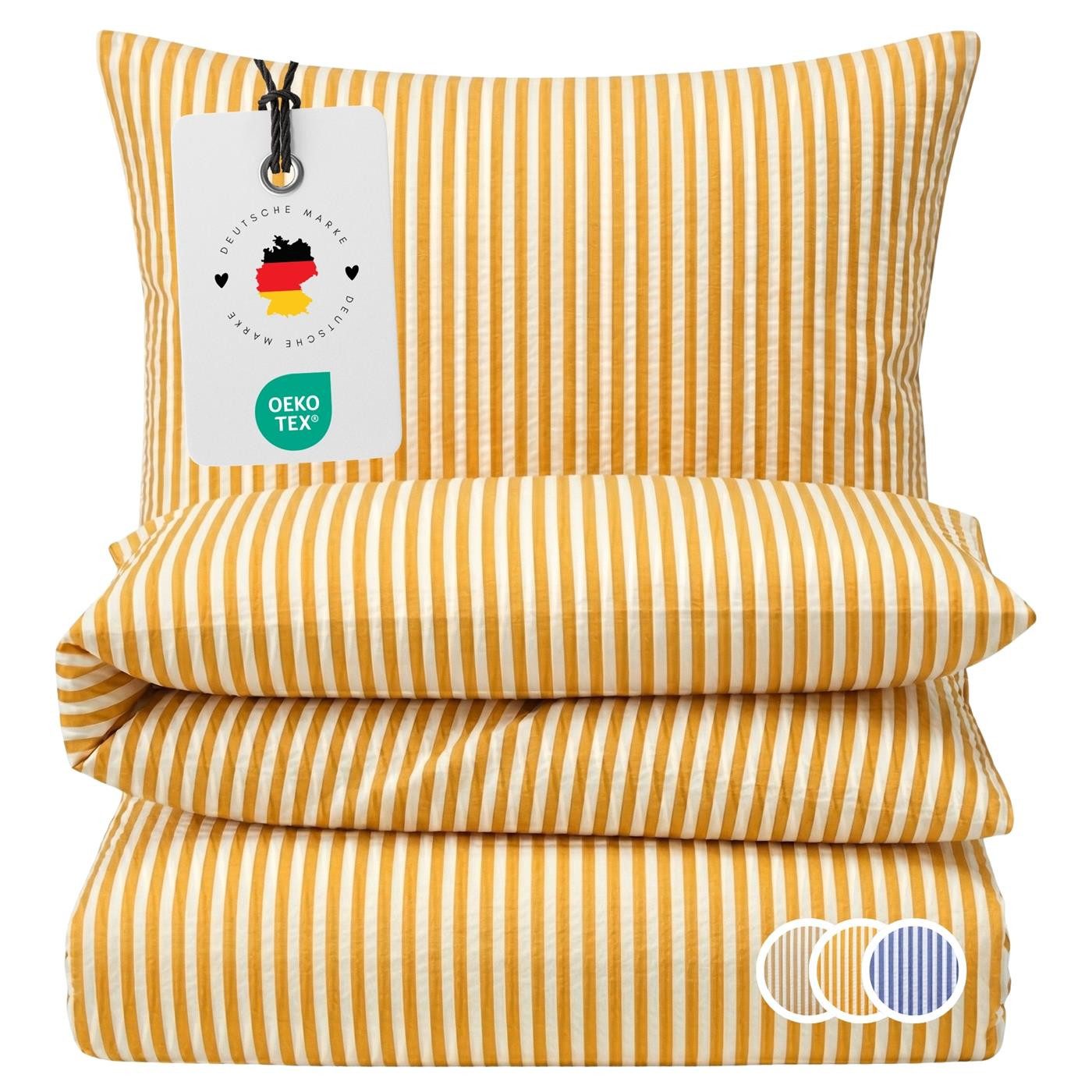 Carpe Sonno Bettwäsche Seersucker 135 x 200 155 x 220 Streifen Bügelfrei Sommer Baumwolle, Seersucker, 2 teilig, Bettbezug kühlend mit Reißverschluss & OEKO-TEX Gelb Weiß 135x200