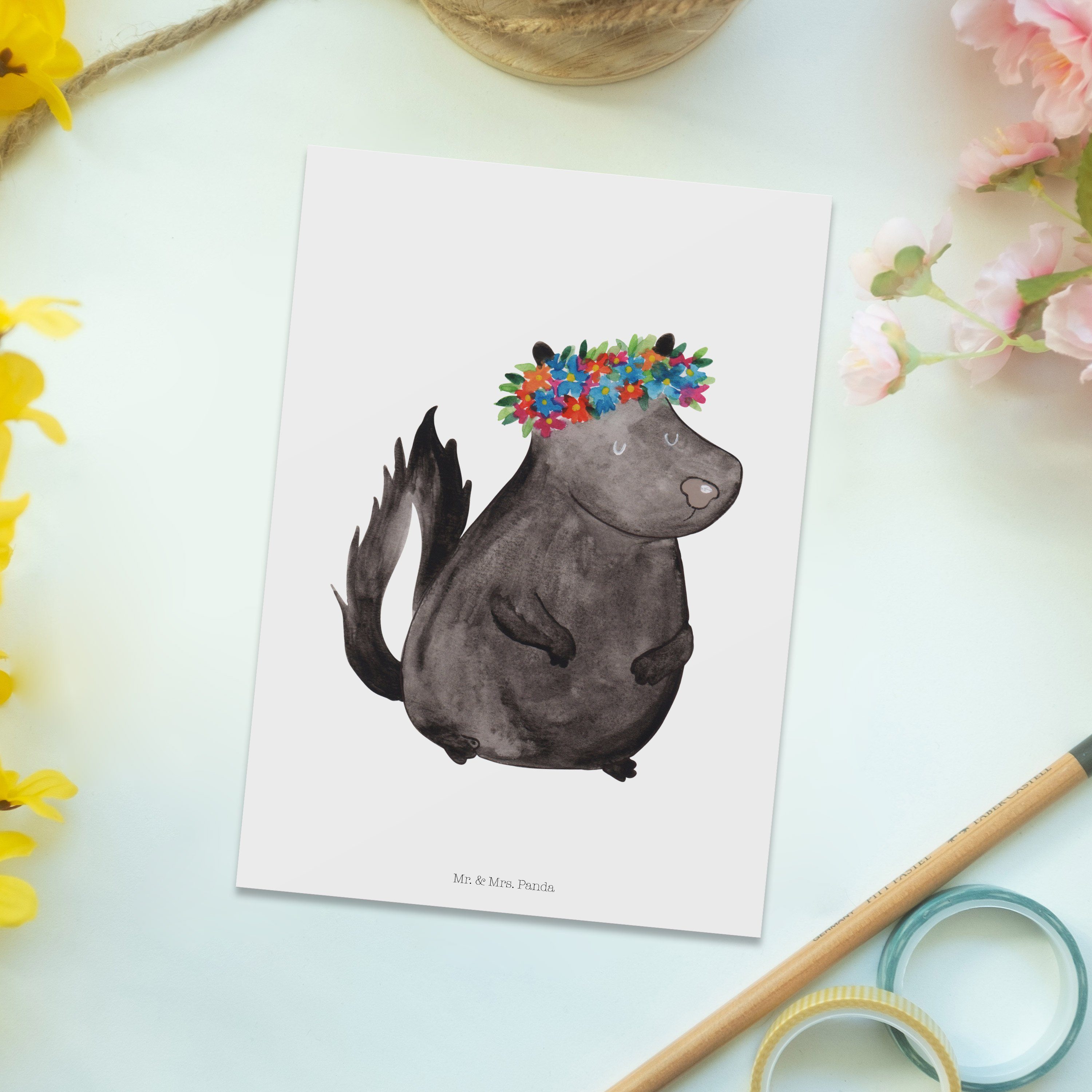 Postkarte Geschenkkarte, Mrs. Stinktier & Sti Weiß Mr. Blumenmaedchen Skunk, - Geschenk, Panda -