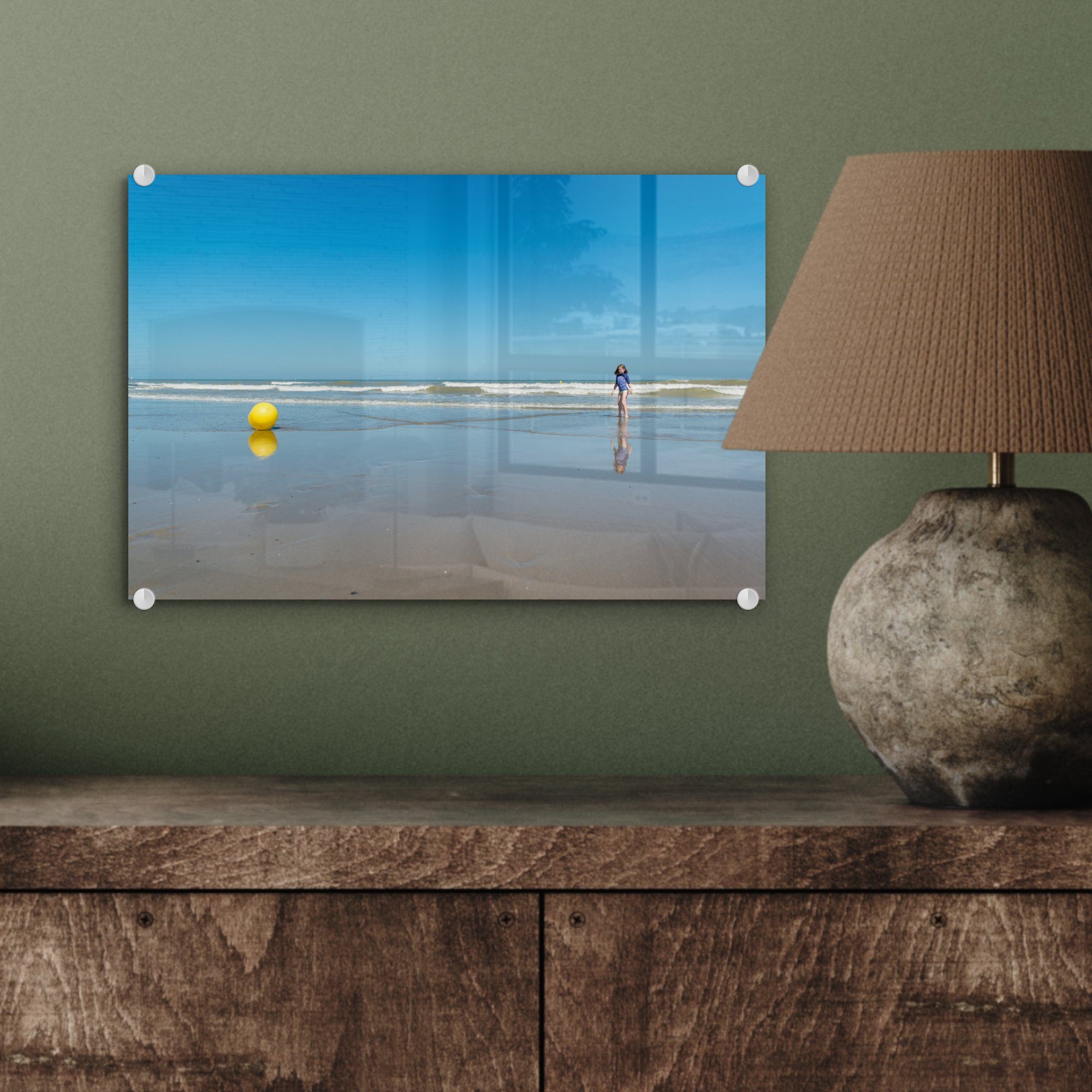 Acrylglasbild Glasbilder Glas Foto St), - MuchoWow Strandball (1 Wanddekoration Nordsee - - - Gelb, auf - Glas Wandbild auf Bilder