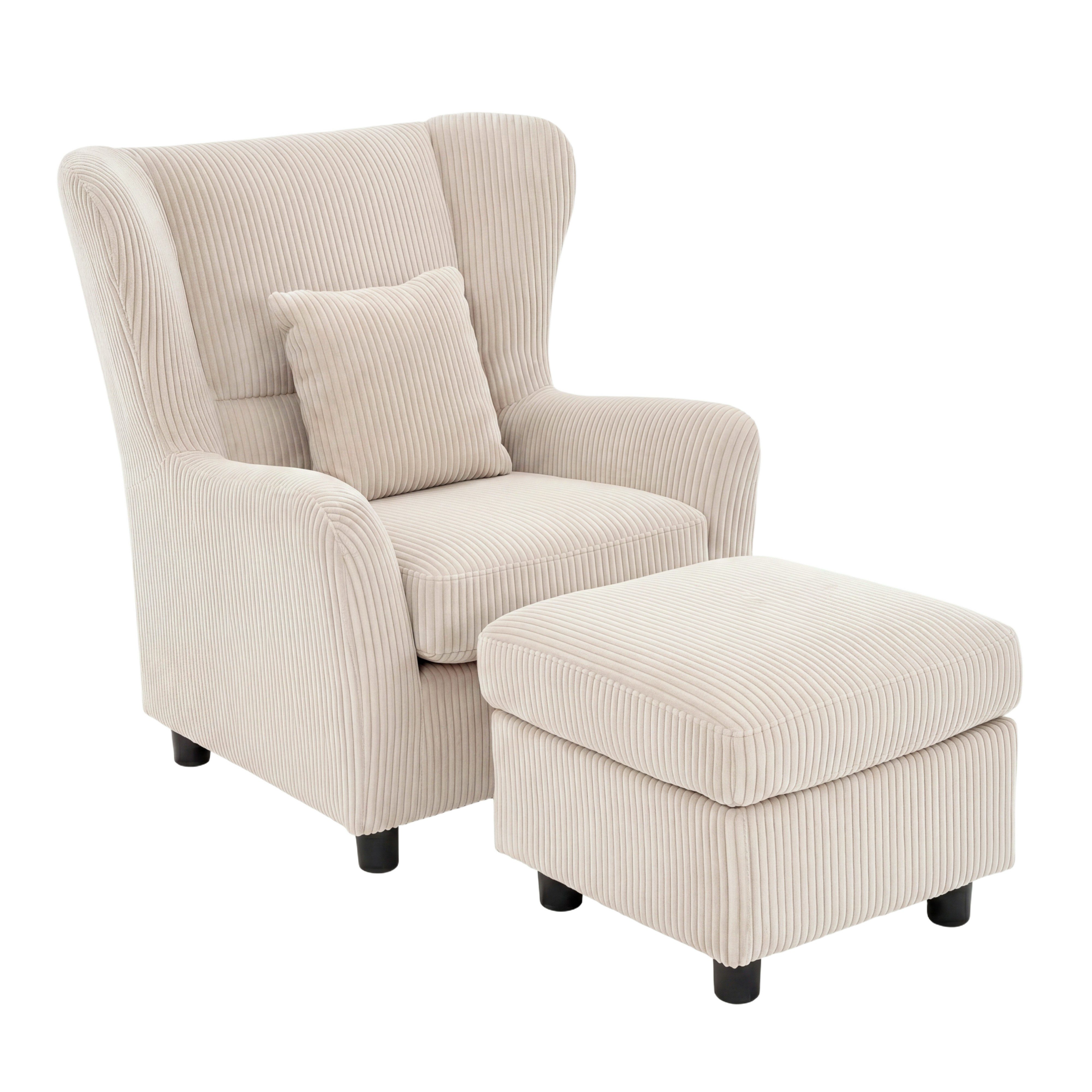 luma-home Ohrensessel 16141 (mit Hocker und Zierkissen, Polsterung mit Taschenfederkern, B89/H95/T79 cm), Lesesesel mit Echtholzfüßen, Bezug Cord in Beige Creme
