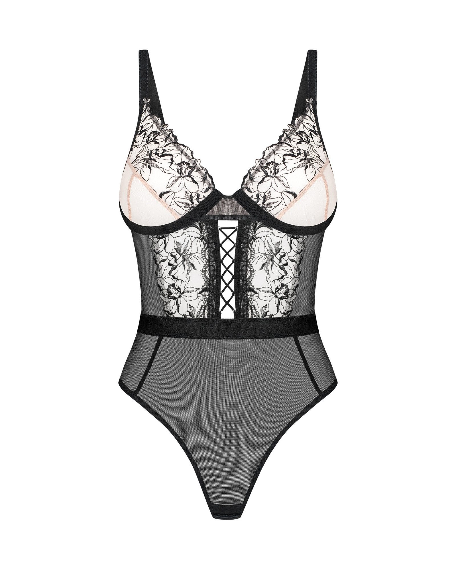 Obsessive Stringbody Vila Blanes Body mit floraler Stickerei - schwarz, beige (1-tlg) Bügel-Cups, dreistufig verstellbarer Verschluss im Schrittbereich