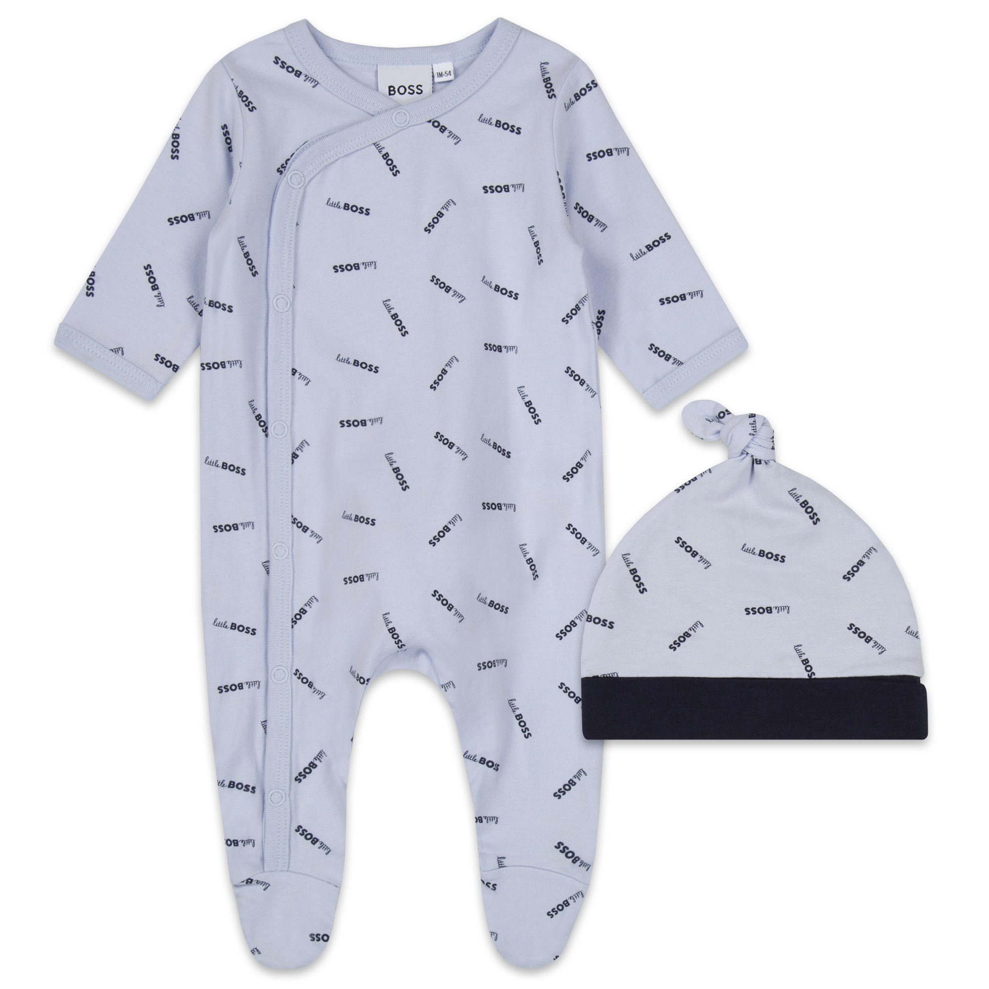 BOSS Strampler, Jäckchen & Mütze Mütze hellblau mit zweiteilig BOSS Baby Schlafanzug HUGO