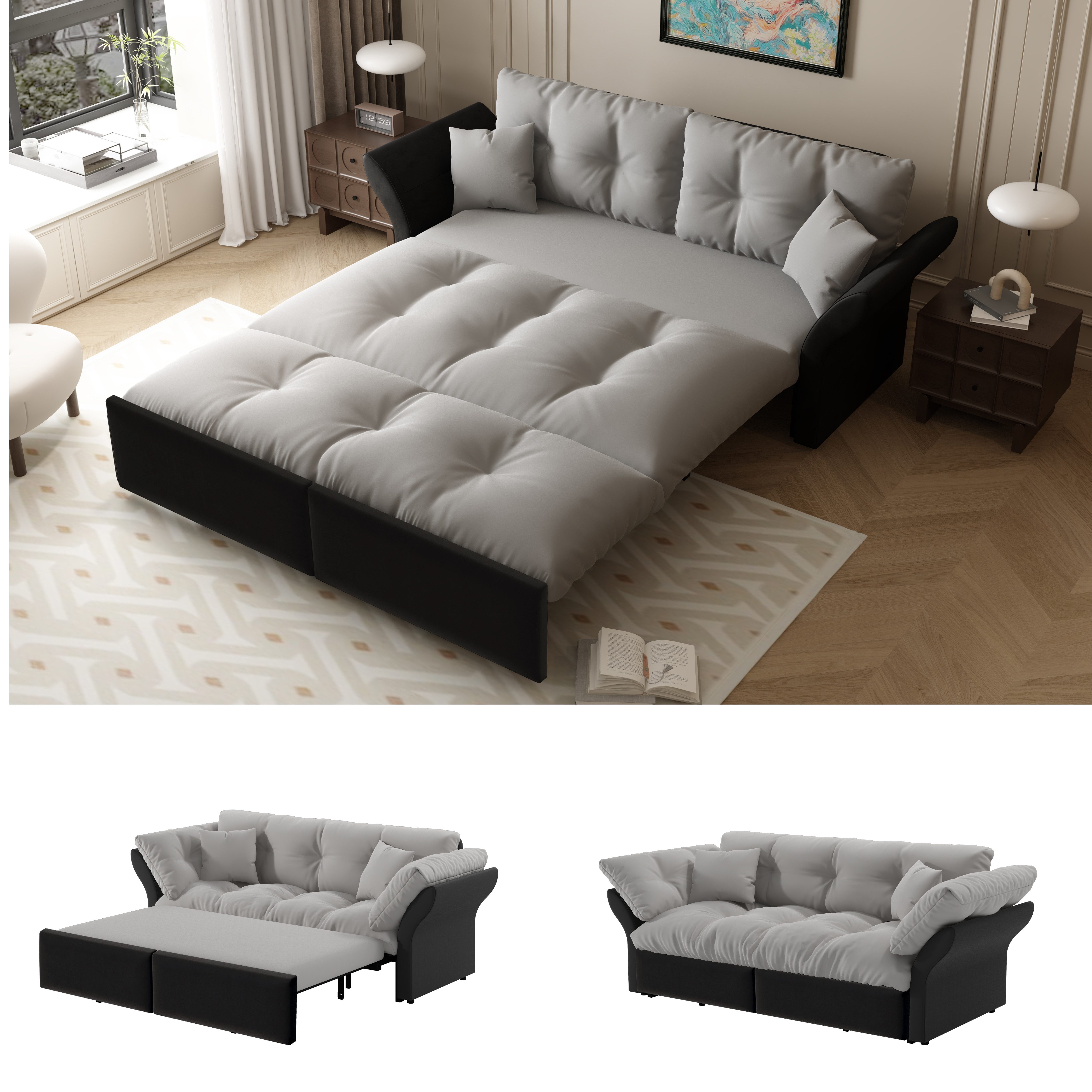 Totnz Schlafsofa 3-in-1 mit Ausziehfunktion, Chaiselongue & Bettfunktion, Stahlrahmen, platzsparend, Gästebett für Wohnzimmer & Schlafzimmer