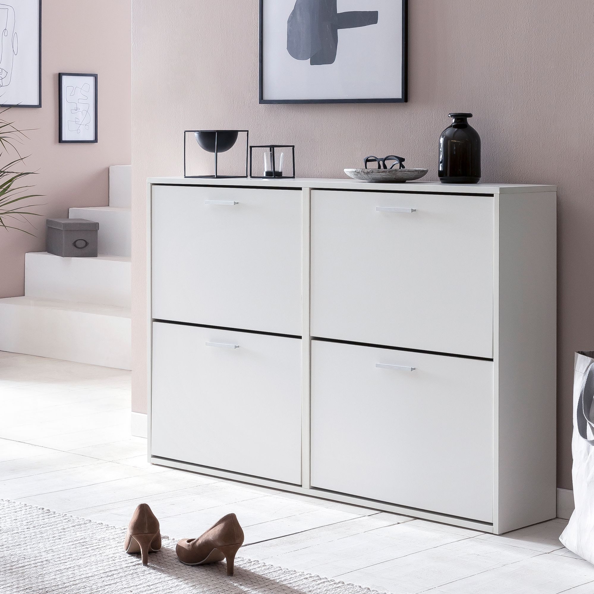 FINEBUY Schuhkipper SuVa14543_1 Schuhschrank Schuhregal Flurschrank 24 Paar Schuhe (Schuhregal Weiß 4 Fächer, Modern 120 x 81 x 24 cm), Design Schuhkommode Hoch, Schuhschrank mit Ablage