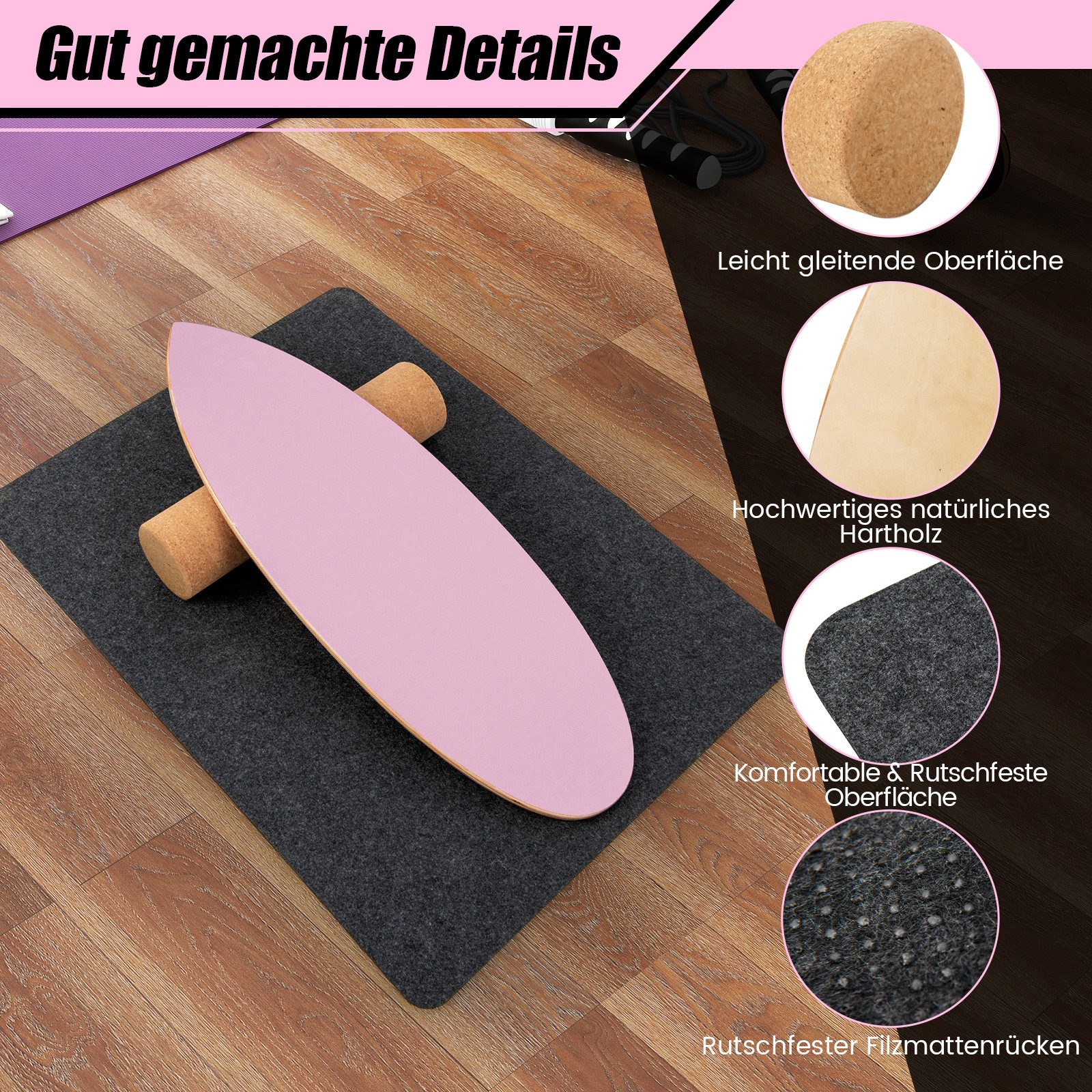 COSTWAY Balanceboard, aus Holz, für zuhause, inkl. Korkrolle, bis 227kg