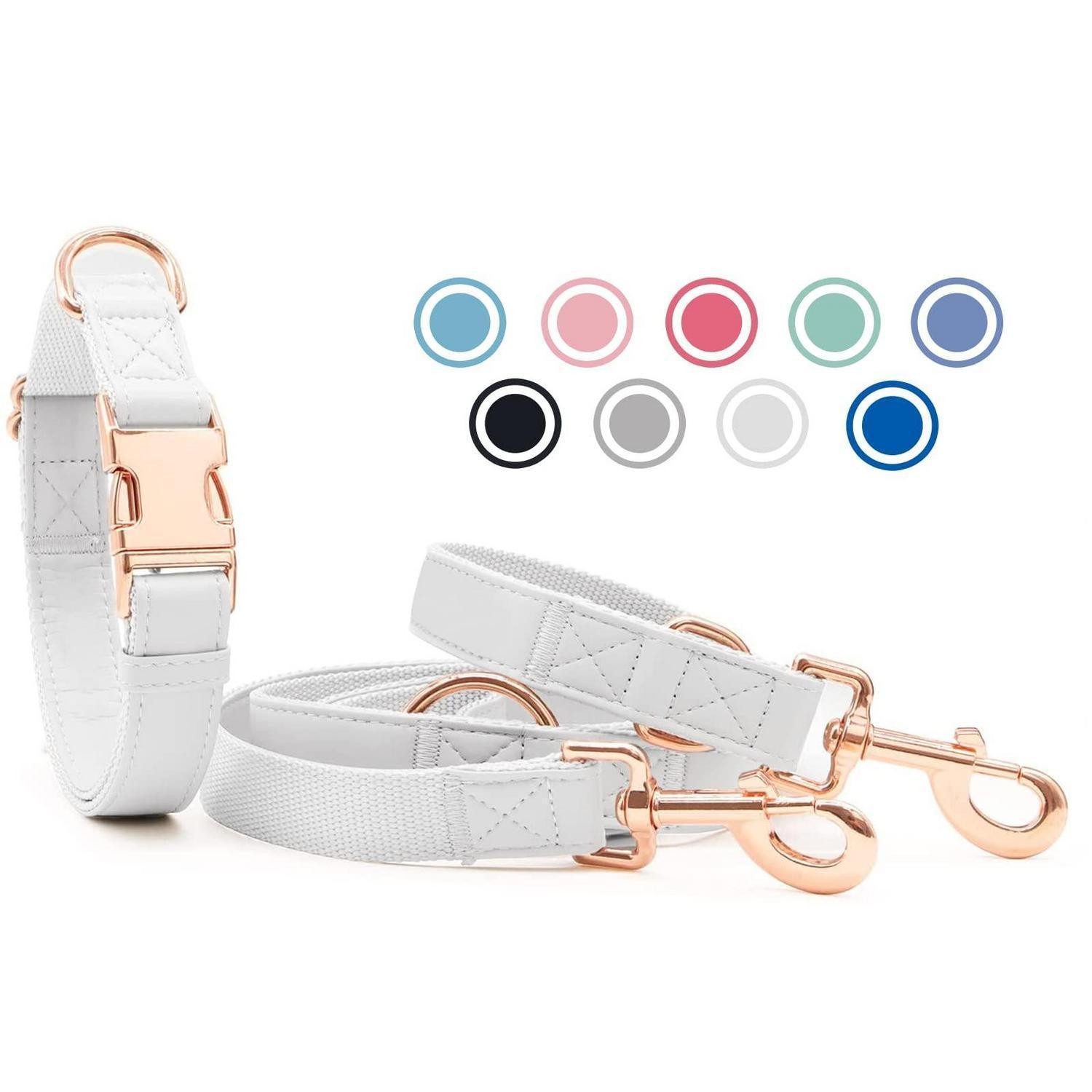 LuxusKollektion Hundeleine Hundehalsband & Leine Rosegold L Weiss in Lederoptik, Leder (1-tlg)