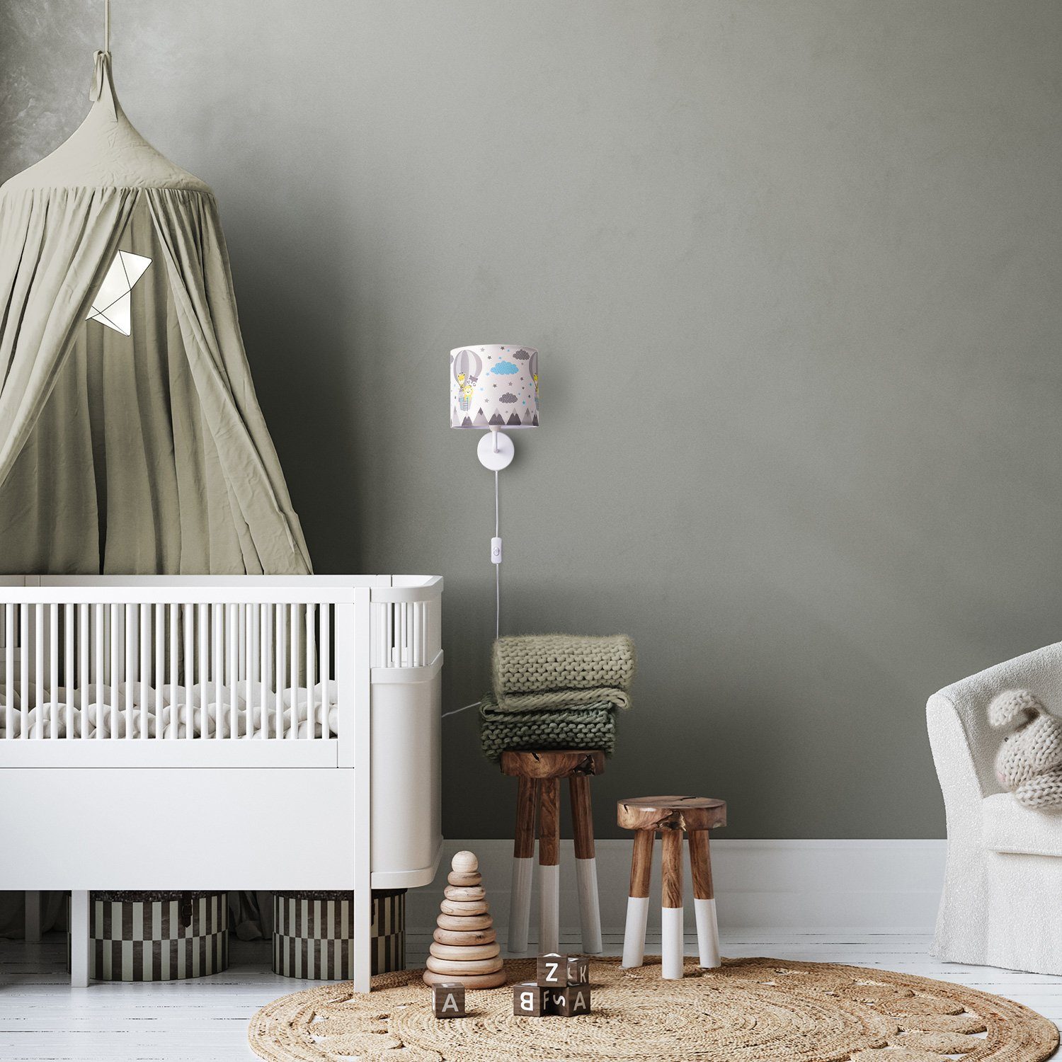 Paco Home Wandleuchte Cosmo 343, Stecker ohne âˆ…18cm Kinderzimmer 3m Lampe Heißluftballon Leuchtmittel, E14 Tiere Kabel