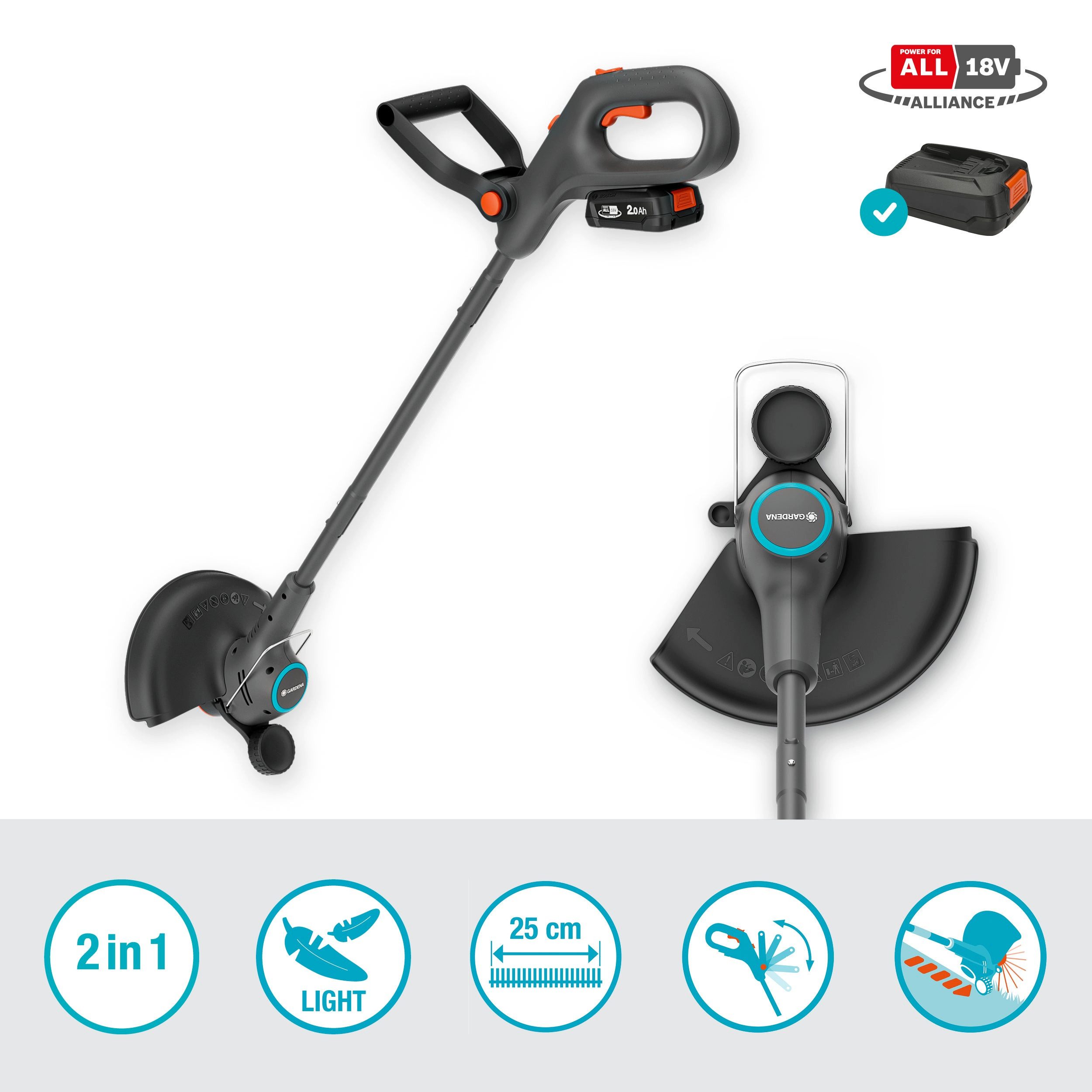 GARDENA Akku-Rasentrimmer EasyTrim 25/18V P4A Ready-To-Use Set, 25 cm Arbeitsbreite Messer, inkl. Akku und Ladegerät