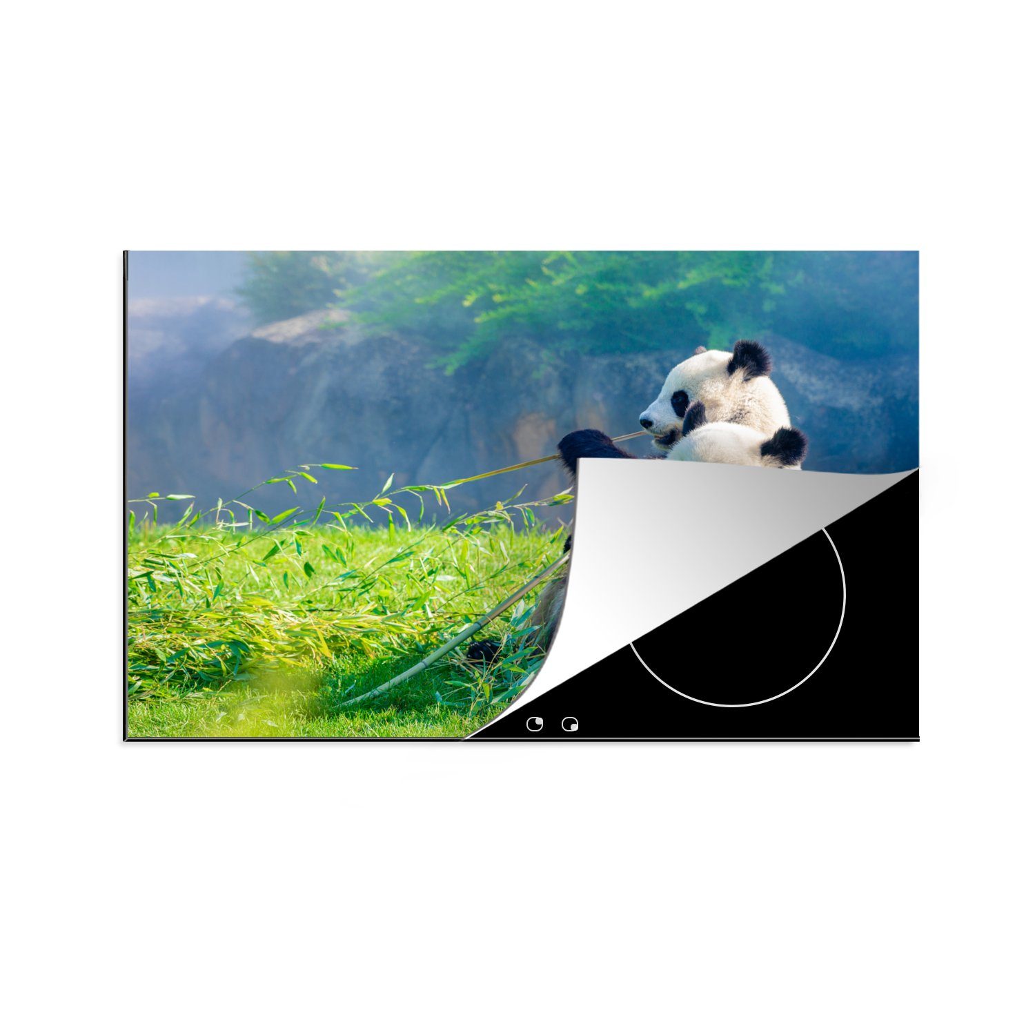 MuchoWow Herdblende-/Abdeckplatte Panda - Bambus - Gras - Tiere, Vinyl, (1 tlg), 81x52 cm, Ceranfeldabdeckung, Arbeitsplatte für küche