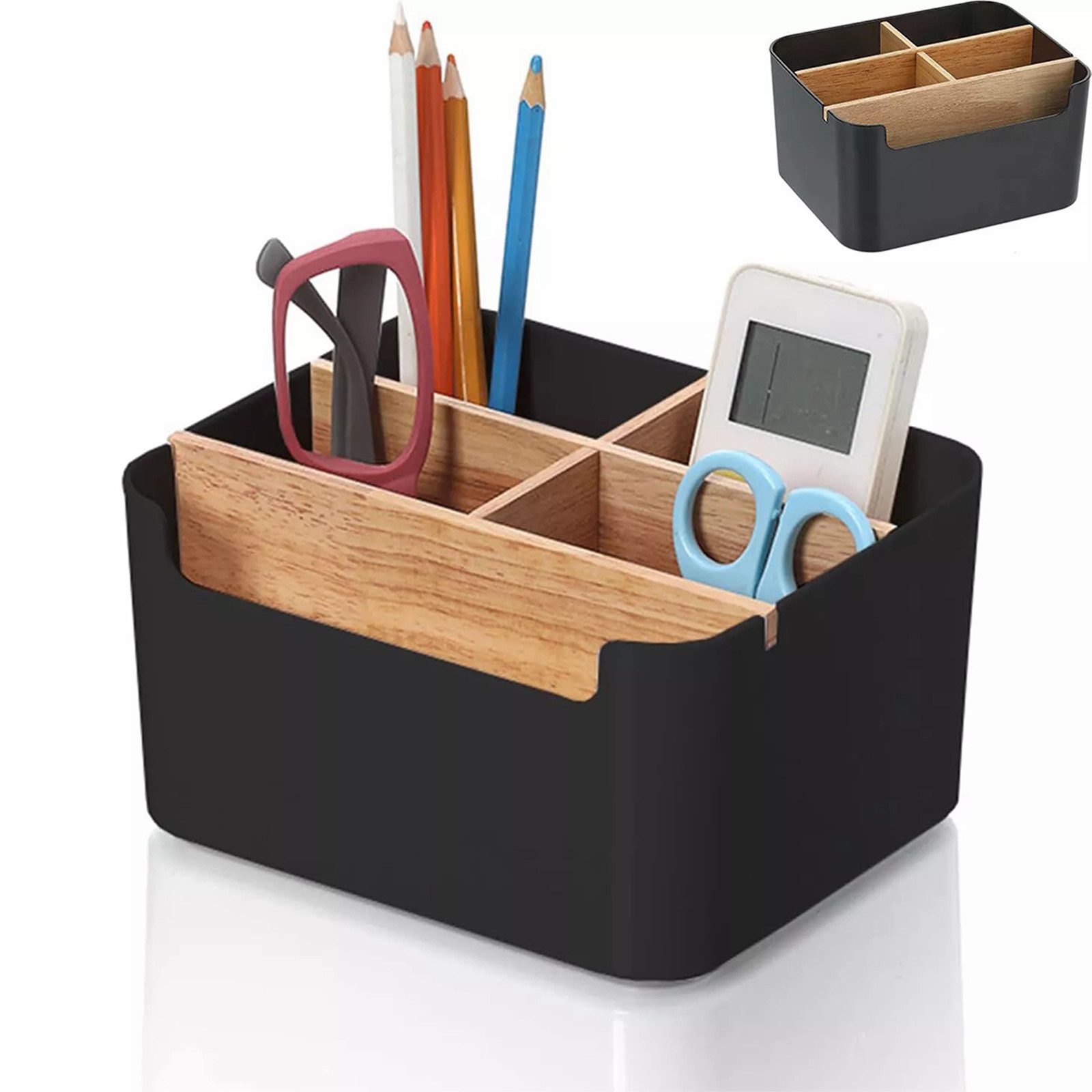 OKWISH Organizer Фурнитура для стола Holz Stifthalter Desk Aufbewahrungsbox Bürobedarf (18 × 14,8 × 9 cm mit 5 Fächern kein Aufbau nötig, 1 St., Multifunktionaler Holz Schreibwarenaufbewahrung Büroorganisation), für Büro Studentenwohnheim Kinderzimmer Schreibtisch usw.