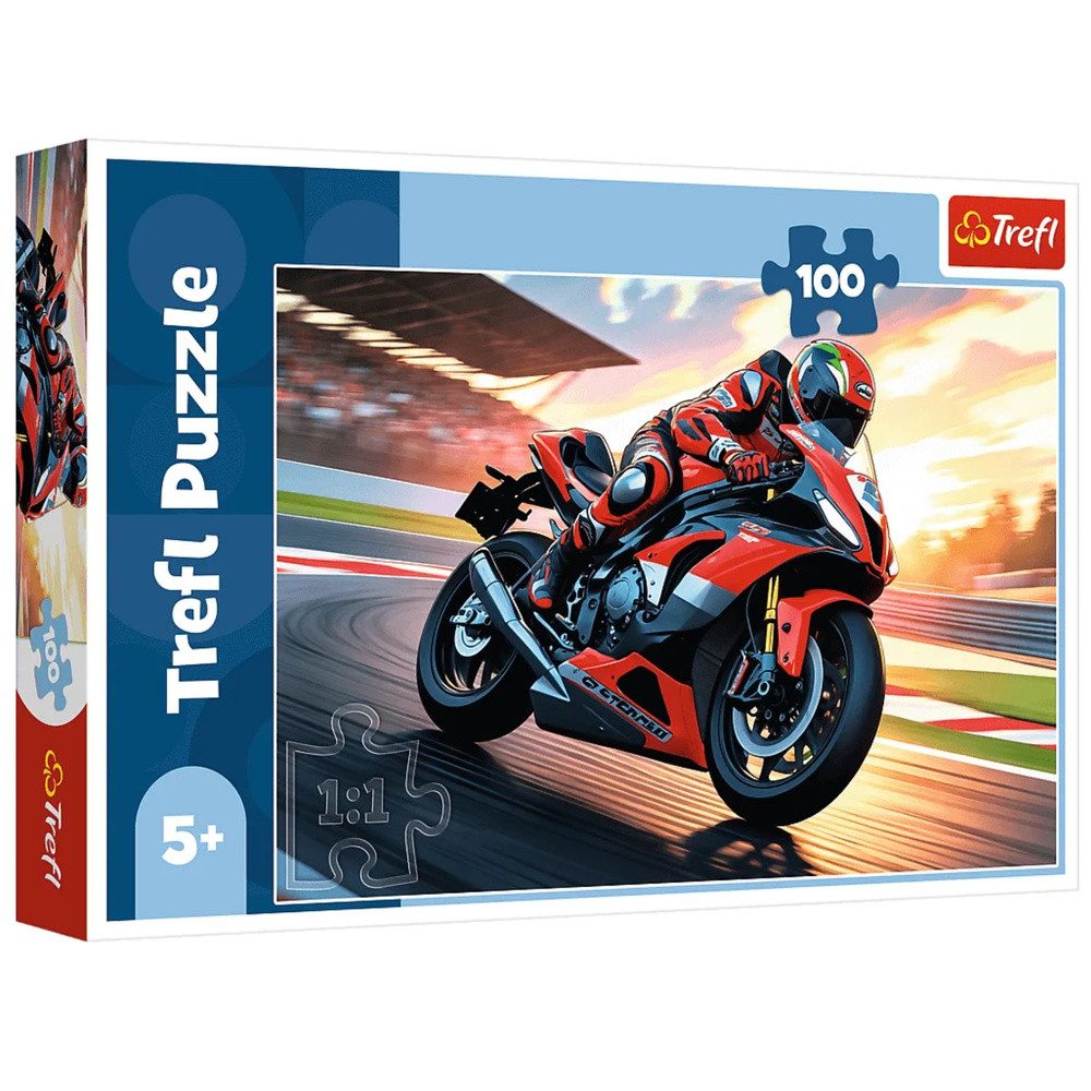 Trefl Puzzle Kinderpuzzle Legespiel Motorradmotiv, 100 Puzzleteile, kalandriertes Papier, Rennstrecken-Motiv, 100 Teile